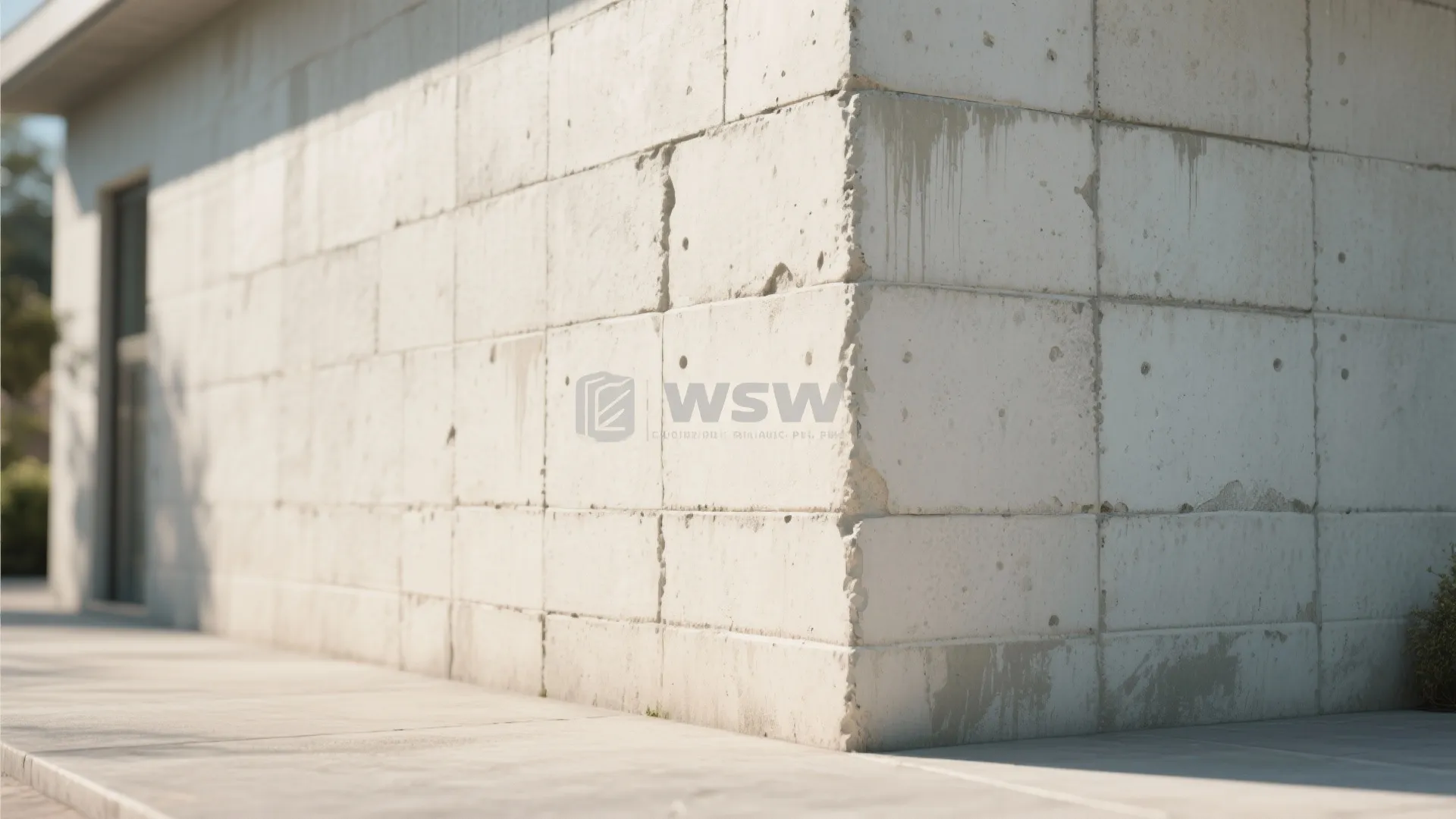 Textured off white concrete block wall of a modern building corner under bright natural sunlight