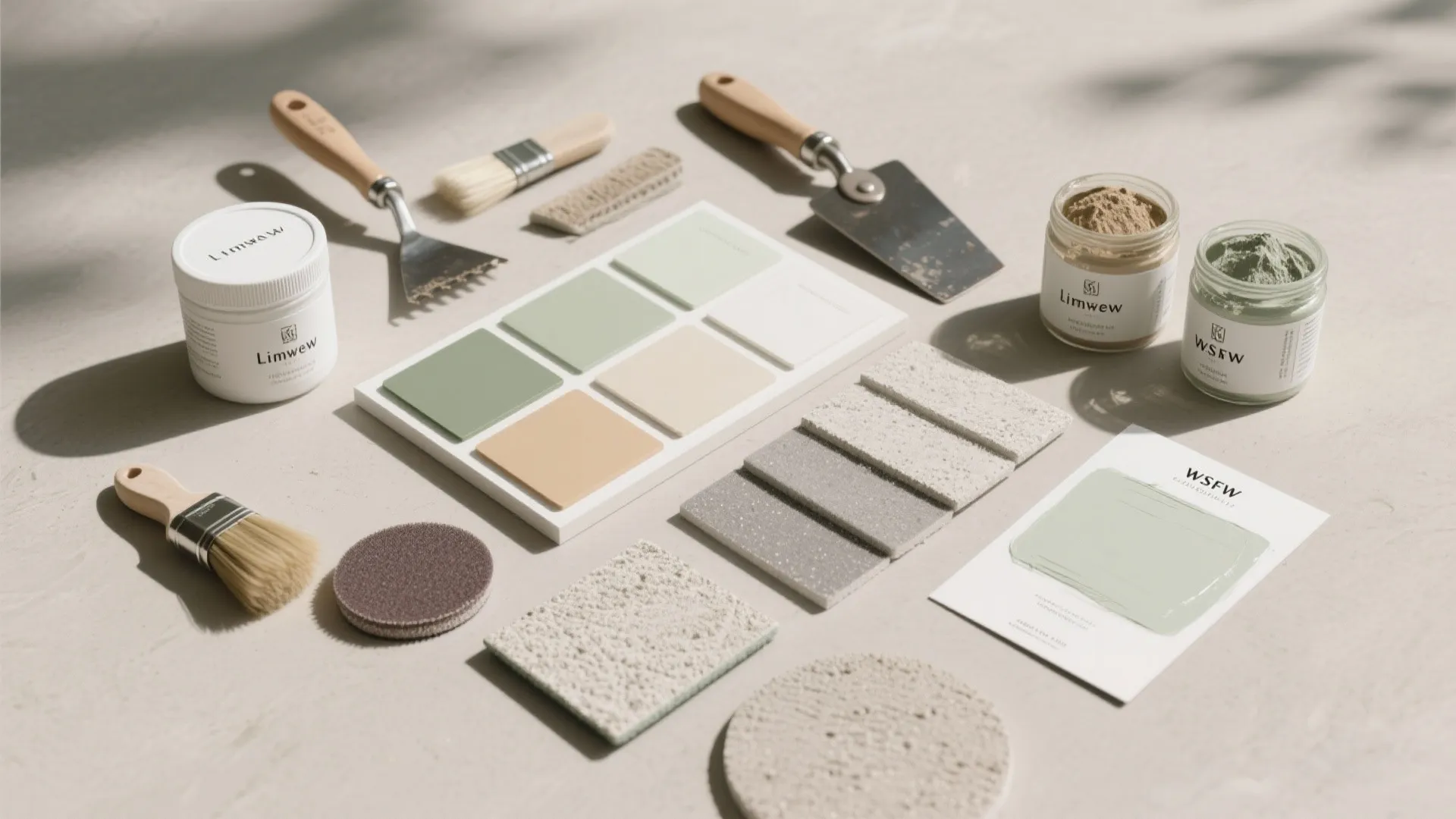 Top-down flat lay of limewash paint and microcement kit tools and samples arranged on a neutral surface.