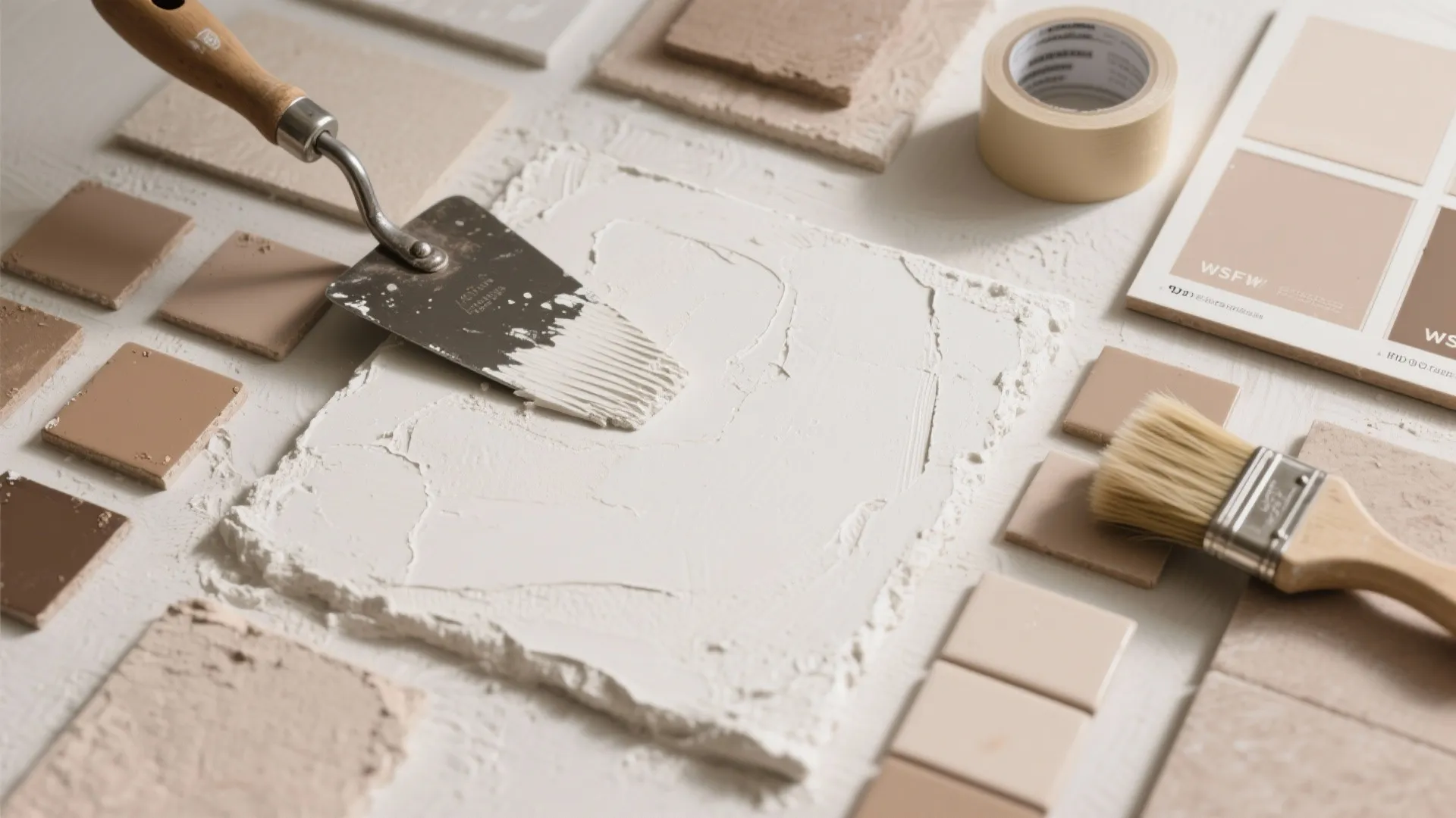 Interior design materials with white plaster, metal tool, paint color cards, brush, and masking tape