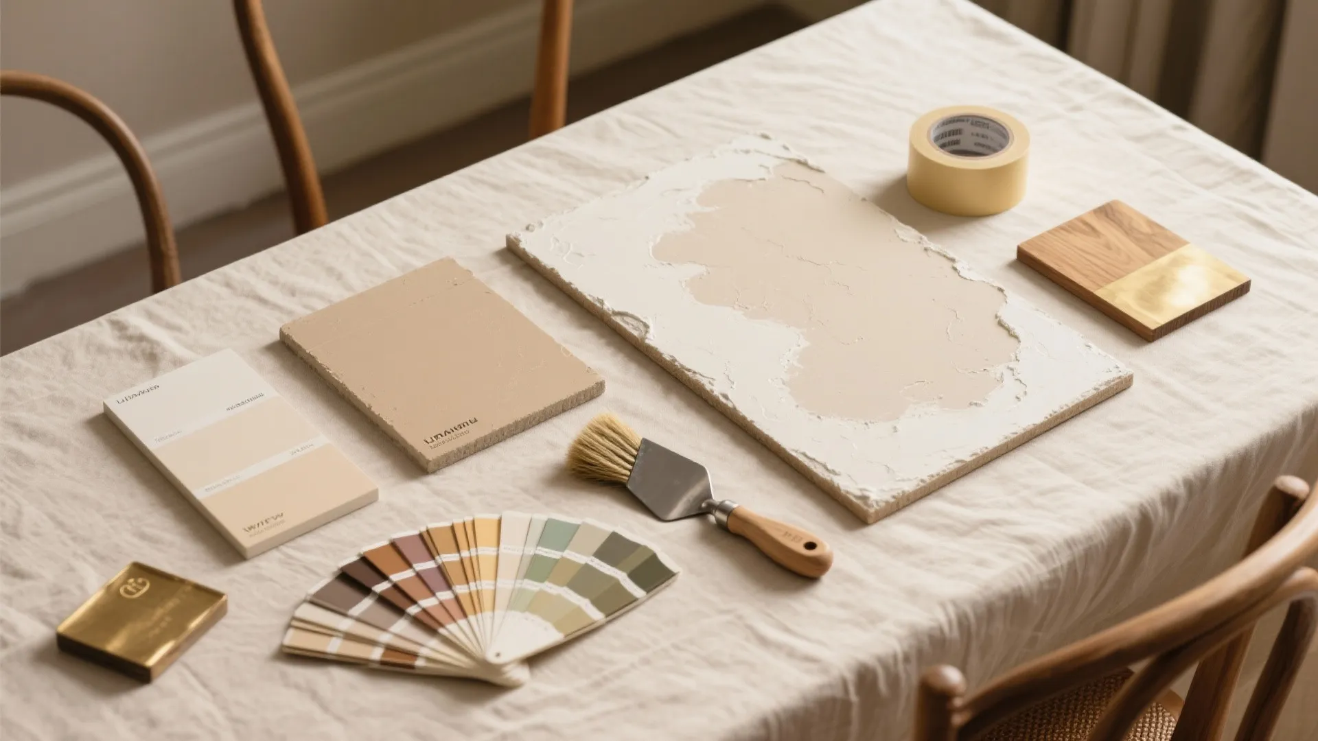 Interior design mood board with paint samples color fan and textured wall plaster on tablecloth