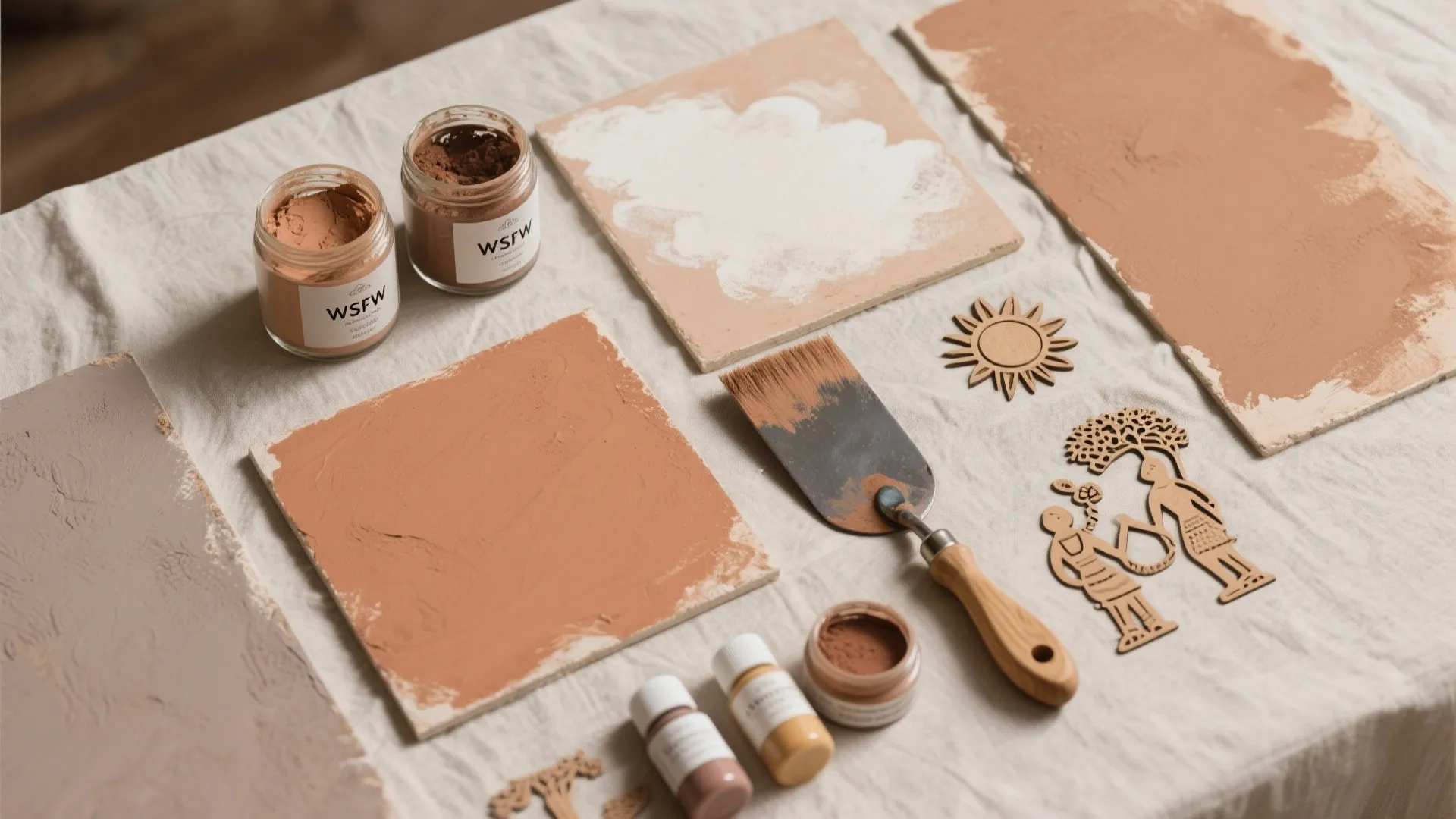 Table with paint jars brushes earth tone tiles and wooden decorations for an interior design project