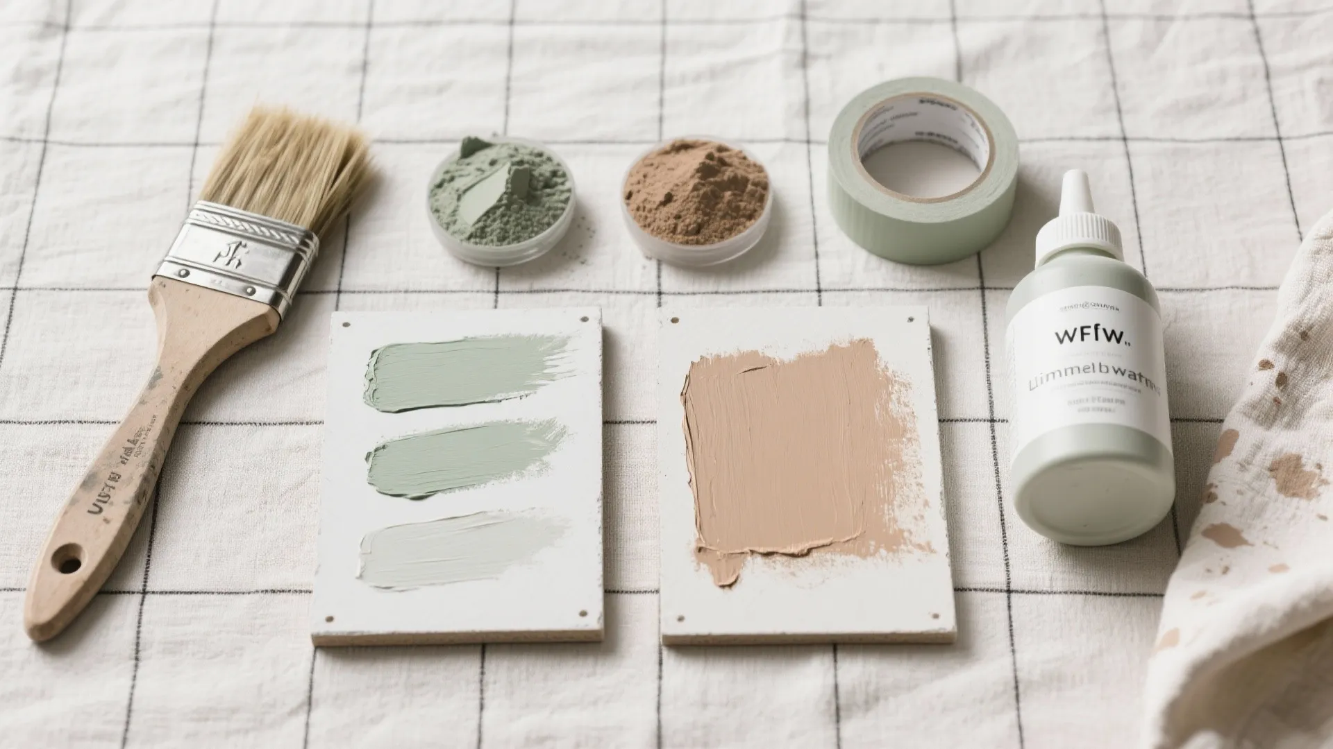 Interior painting supplies with brush green and tan paint samples tape and small plastic bottles