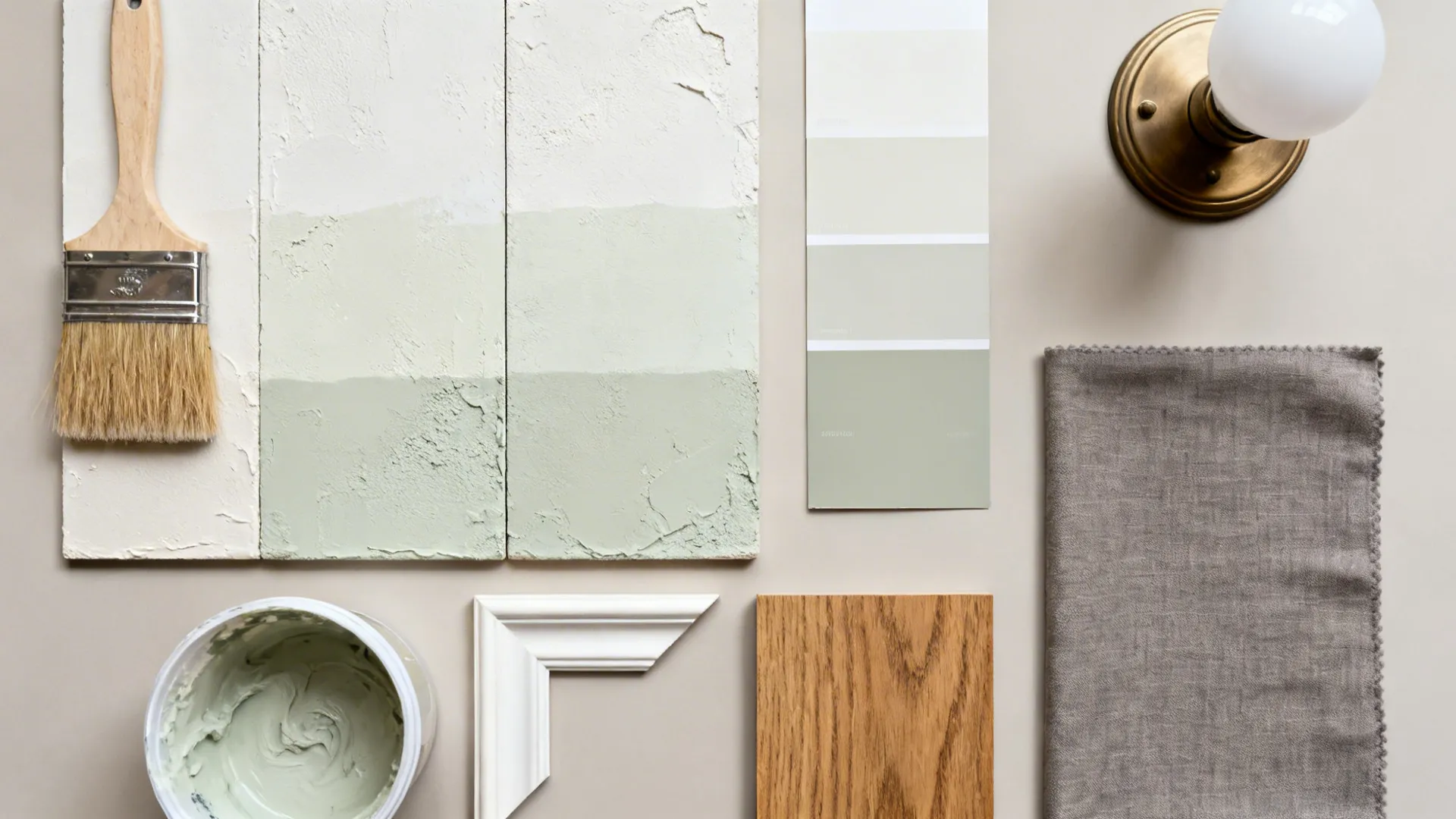 Top-down material flat lay with limewash samples, brush, matte frame, oak, and gray fabric.