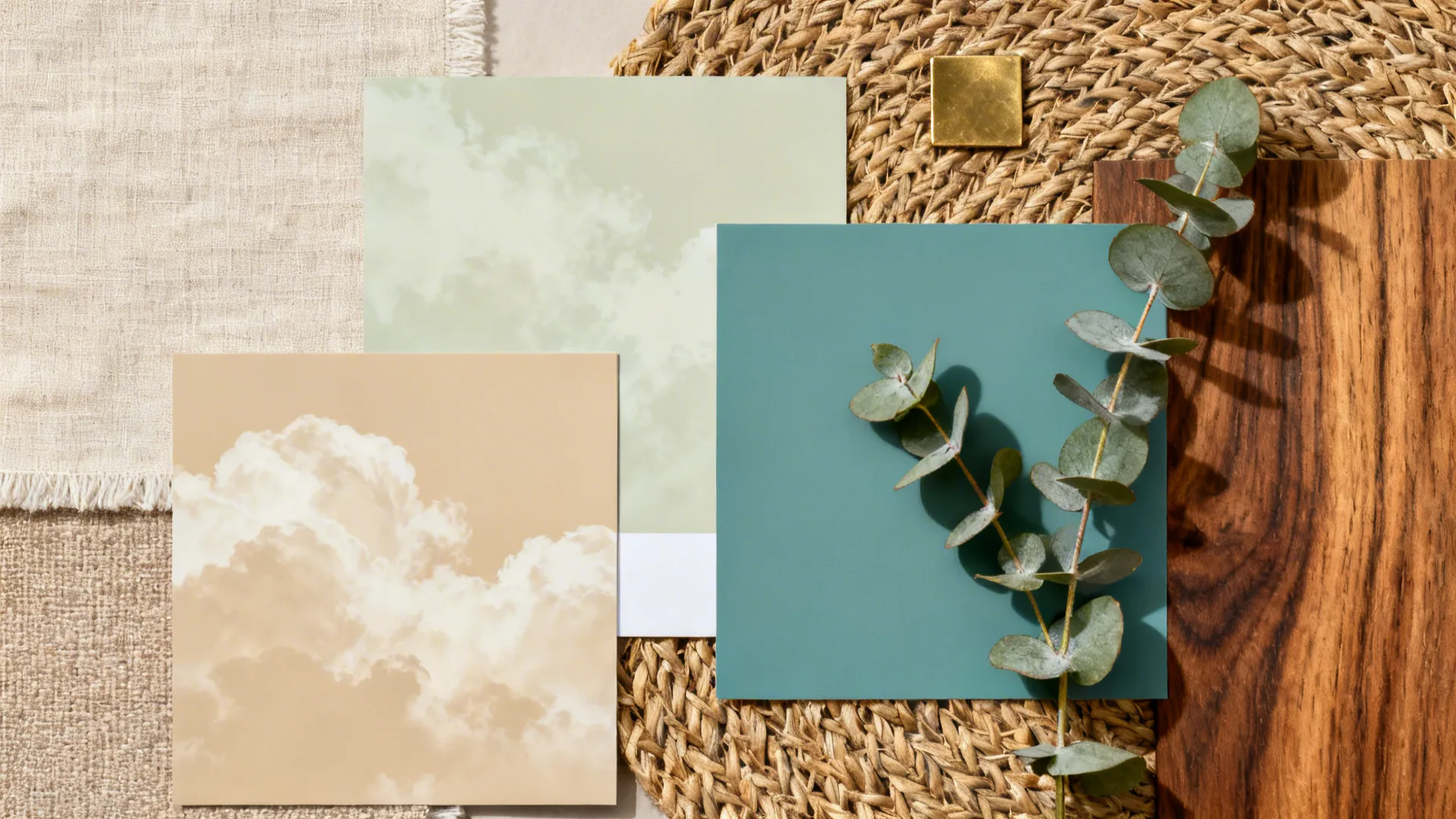 Flat lay of limewash neutrals with muted teal accents, linen, jute, teak, and brass samples.
