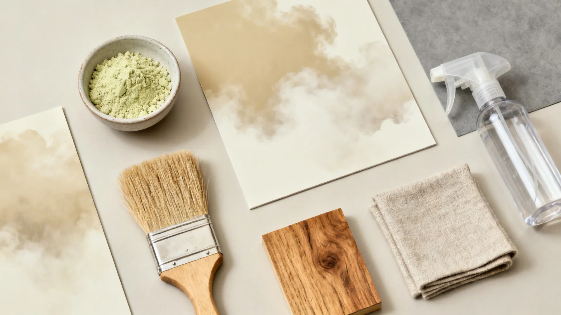 Top-down limewash kit with sample boards, brush, and neutral textiles.