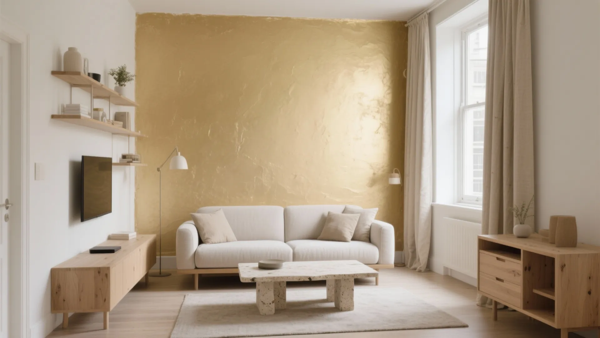 Living room with white sofa marble coffee table wooden cabinet and gold textured feature wall