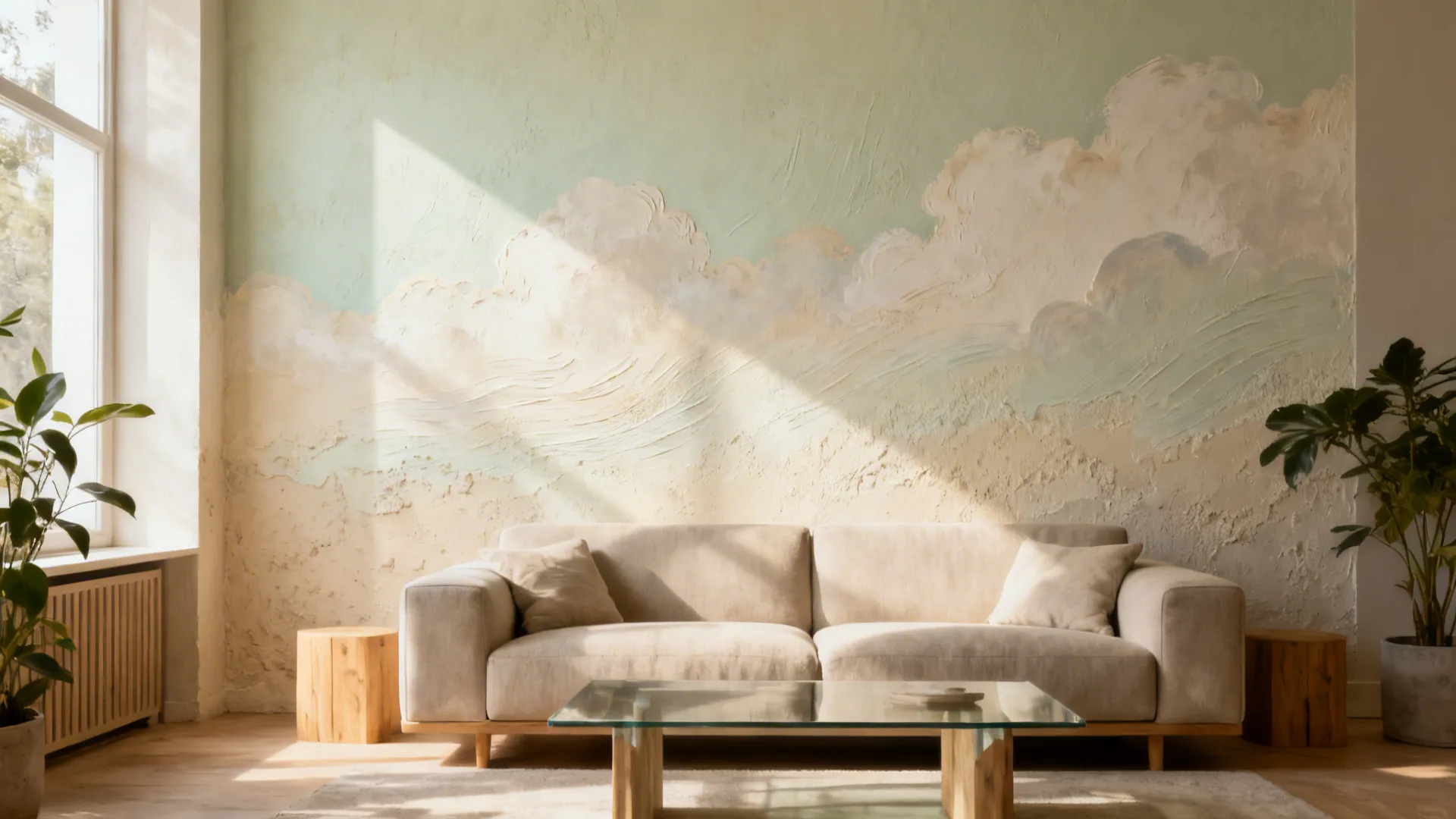Living room with a warm neutral limewash wall showing a soft gradient and natural texture.