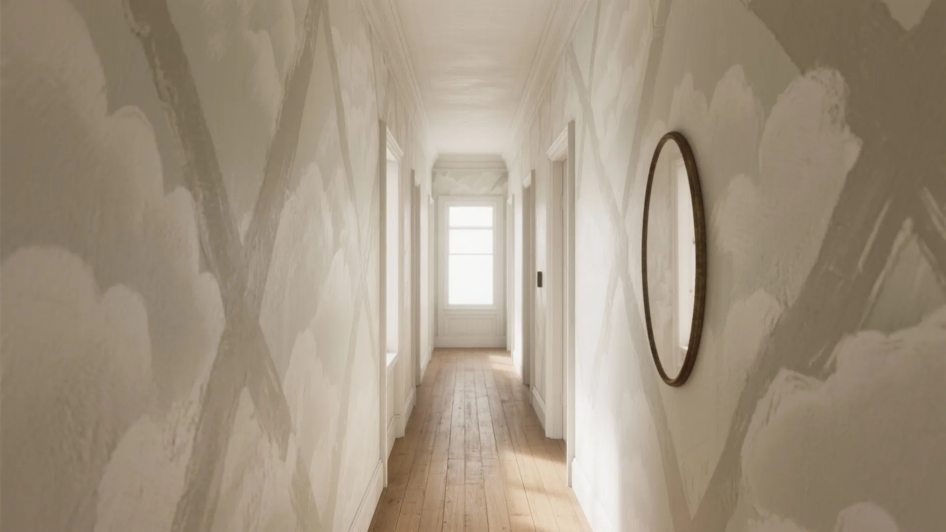 Long hallway with textured beige walls plus wooden floor leading toward a bright white window