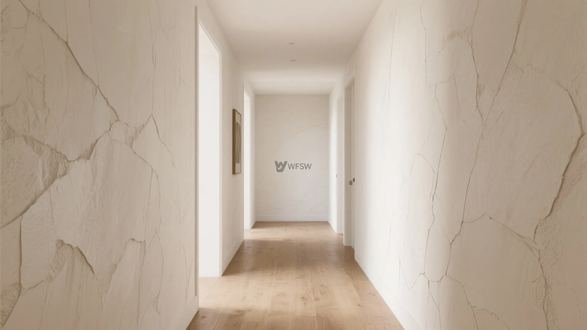 Long bright hallway with textured cream walls light wood flooring white door frames and light