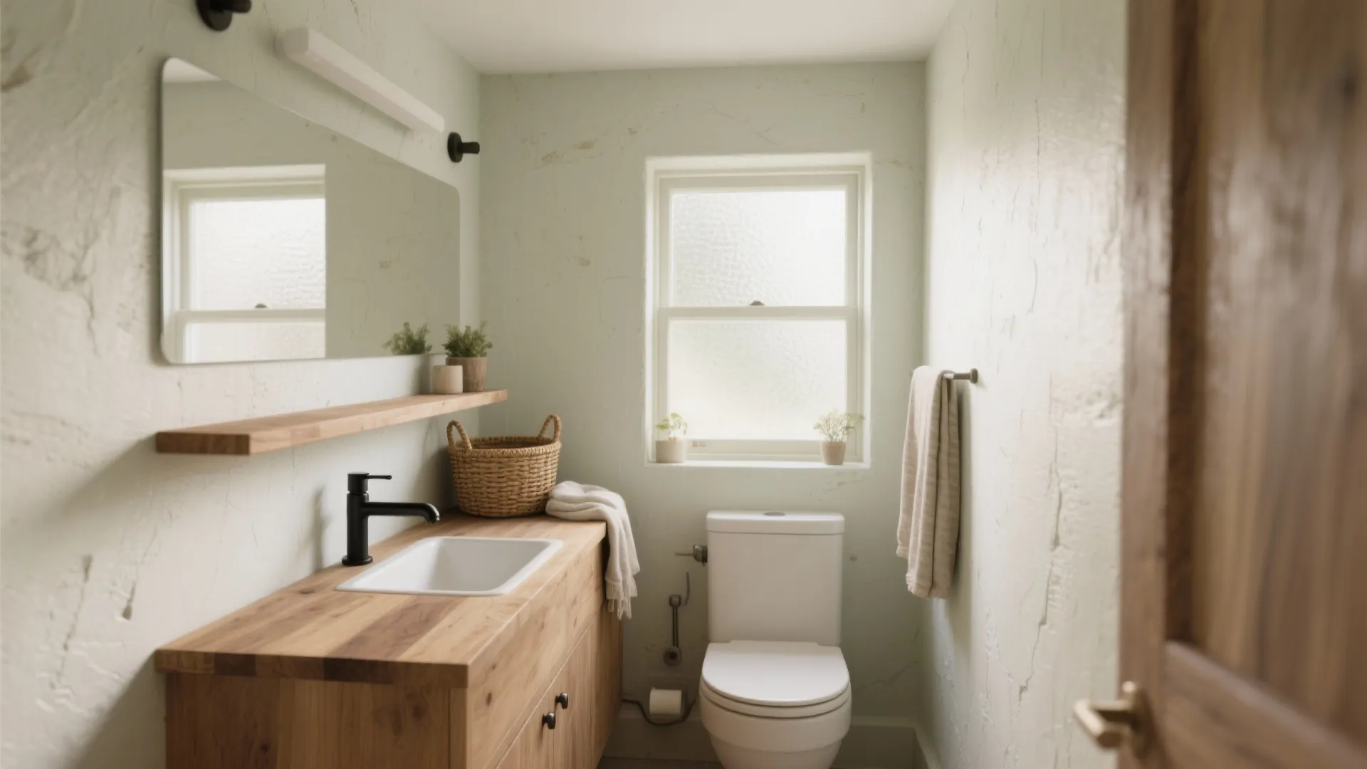 Modern bathroom with light green walls wooden cabinet white sink toilet mirror and small window view