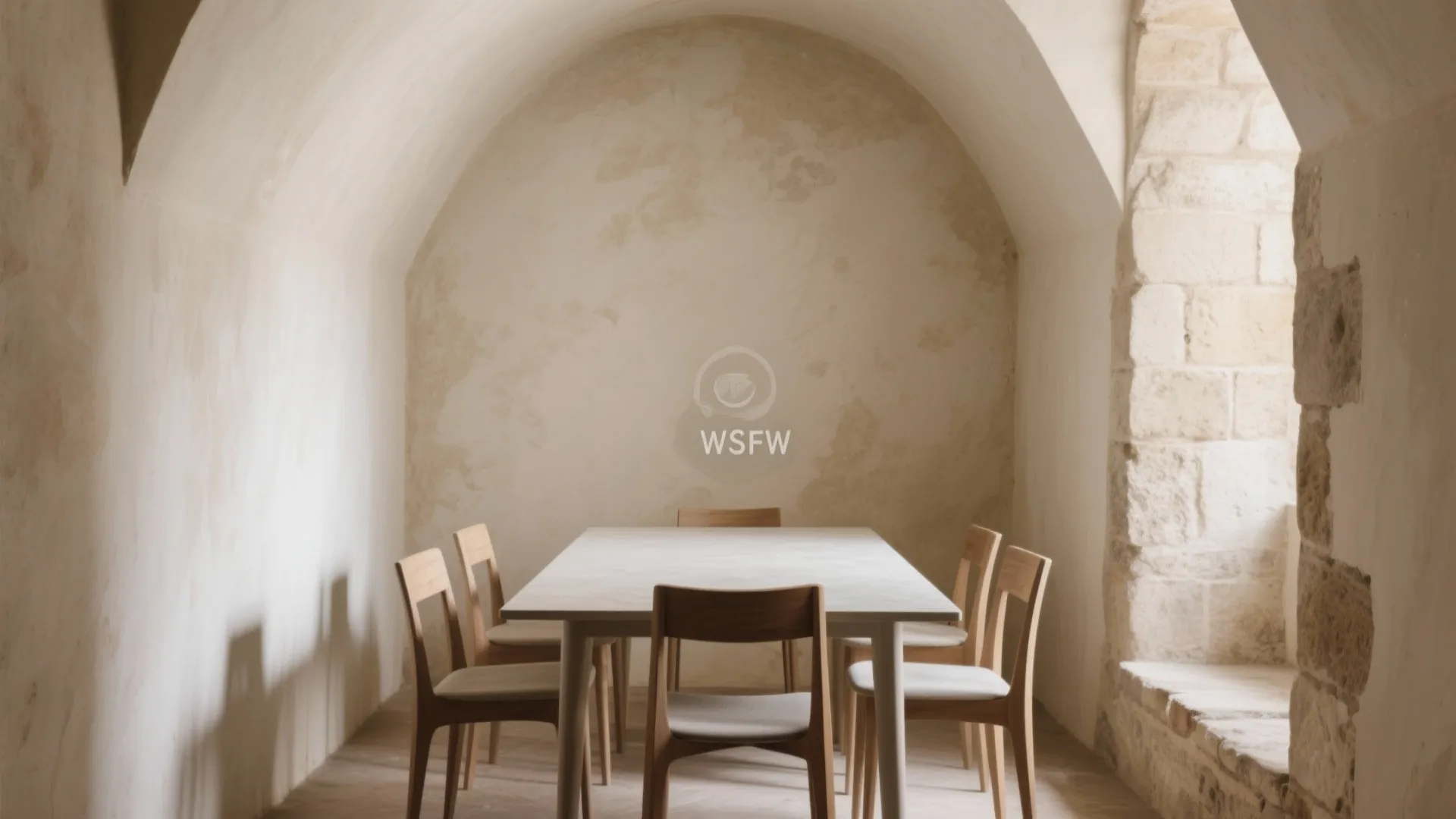 Minimalist dining room with arched ceiling white table wooden chairs and light textured beige walls