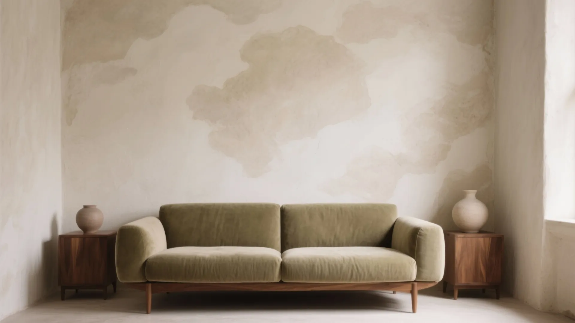 Minimalist living room featuring a green sofa with wooden legs against a textured beige plaster wall