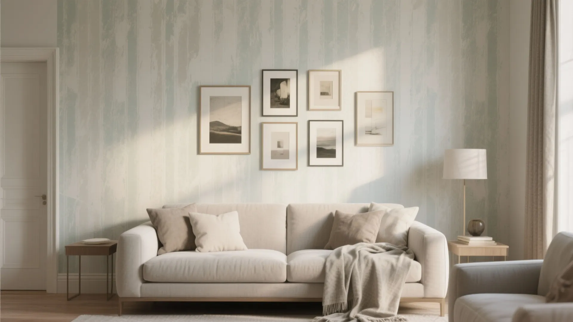 Cozy living room with light blue textured wallpaper and gallery wall above a white sofa