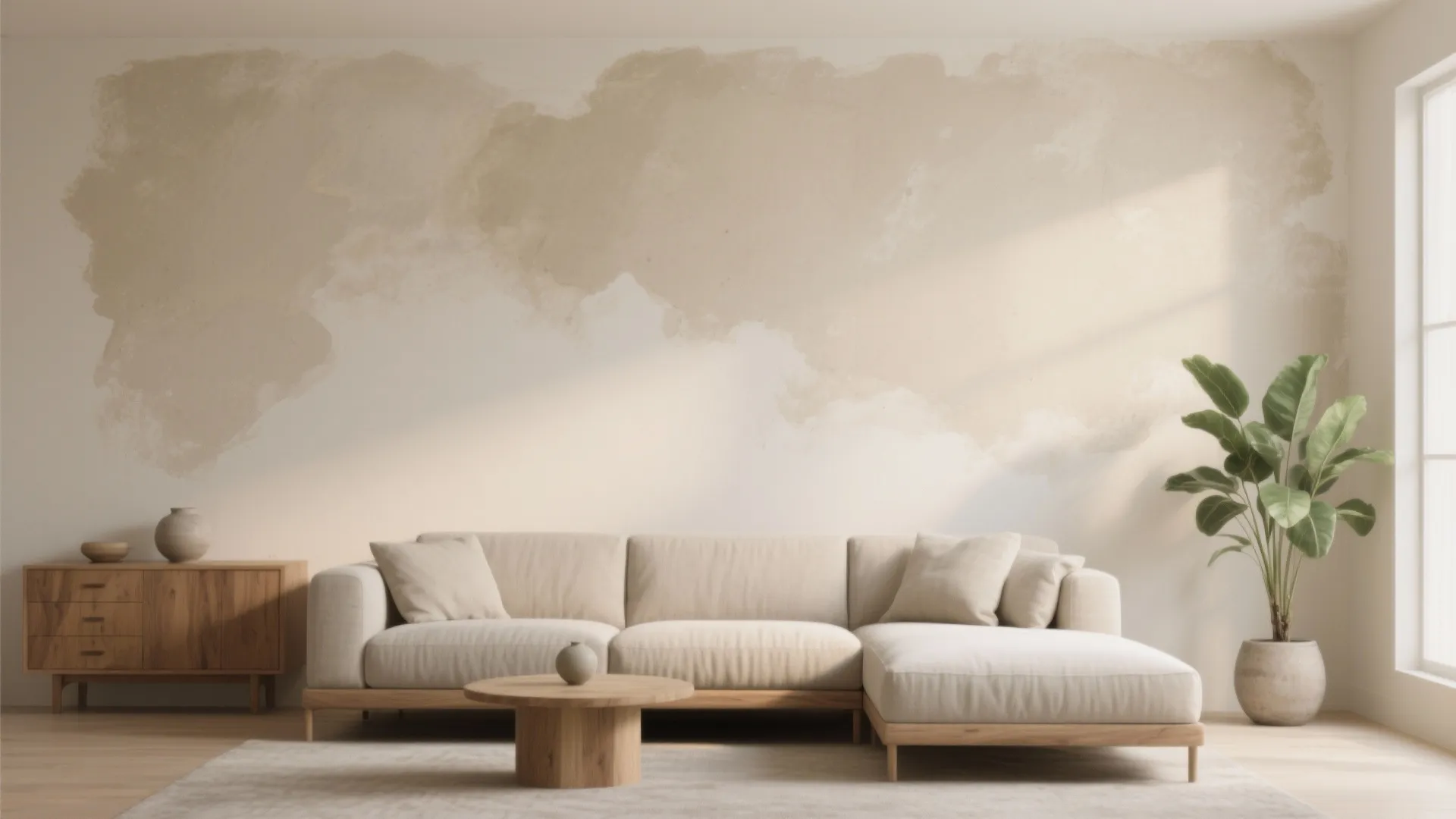 Minimalist living room featuring a cream sofa wooden cabinet green plant and textured wall finish