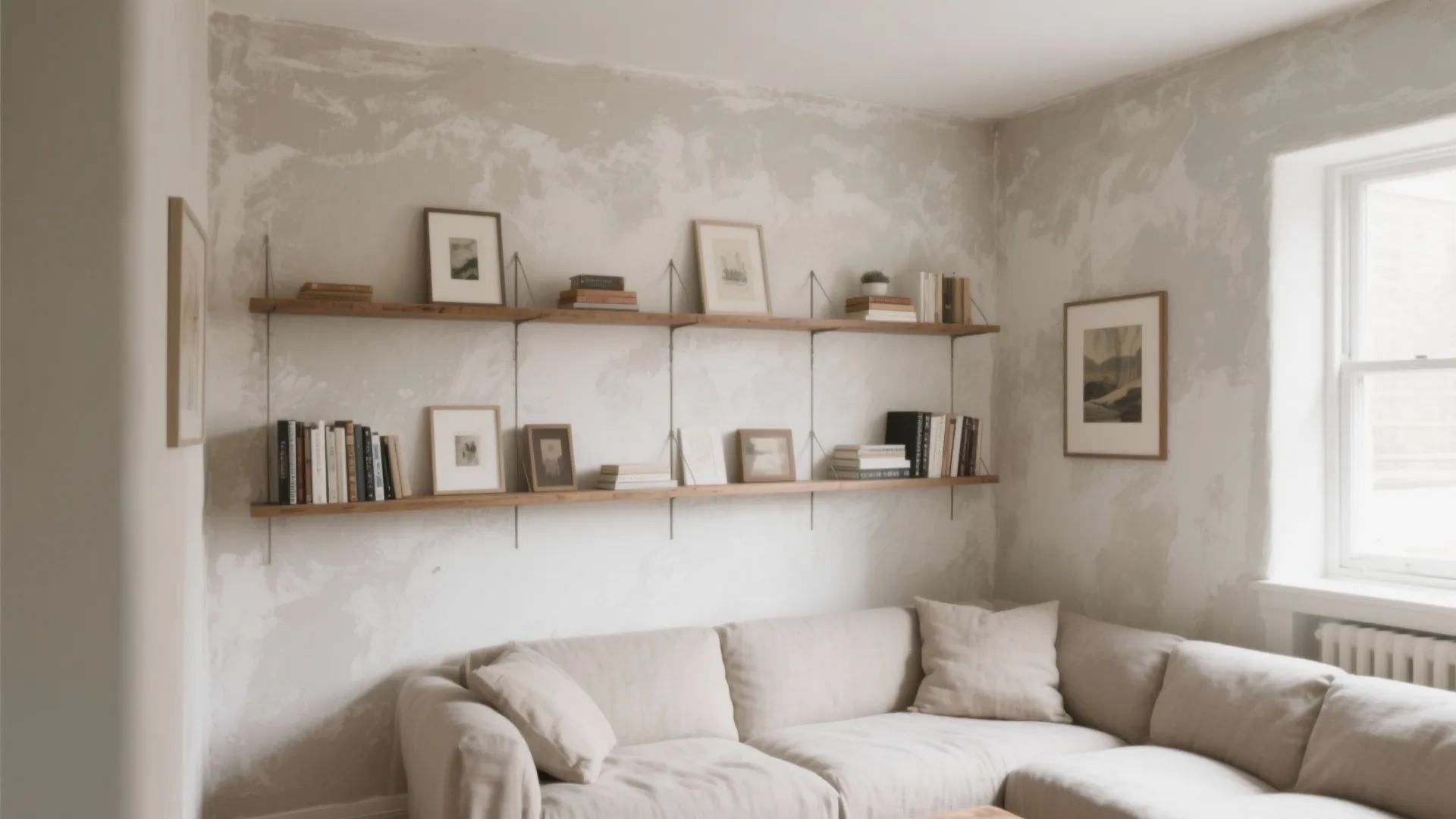 Beige living room with textured walls, wall shelves holding books, cream sofa, and natural window
