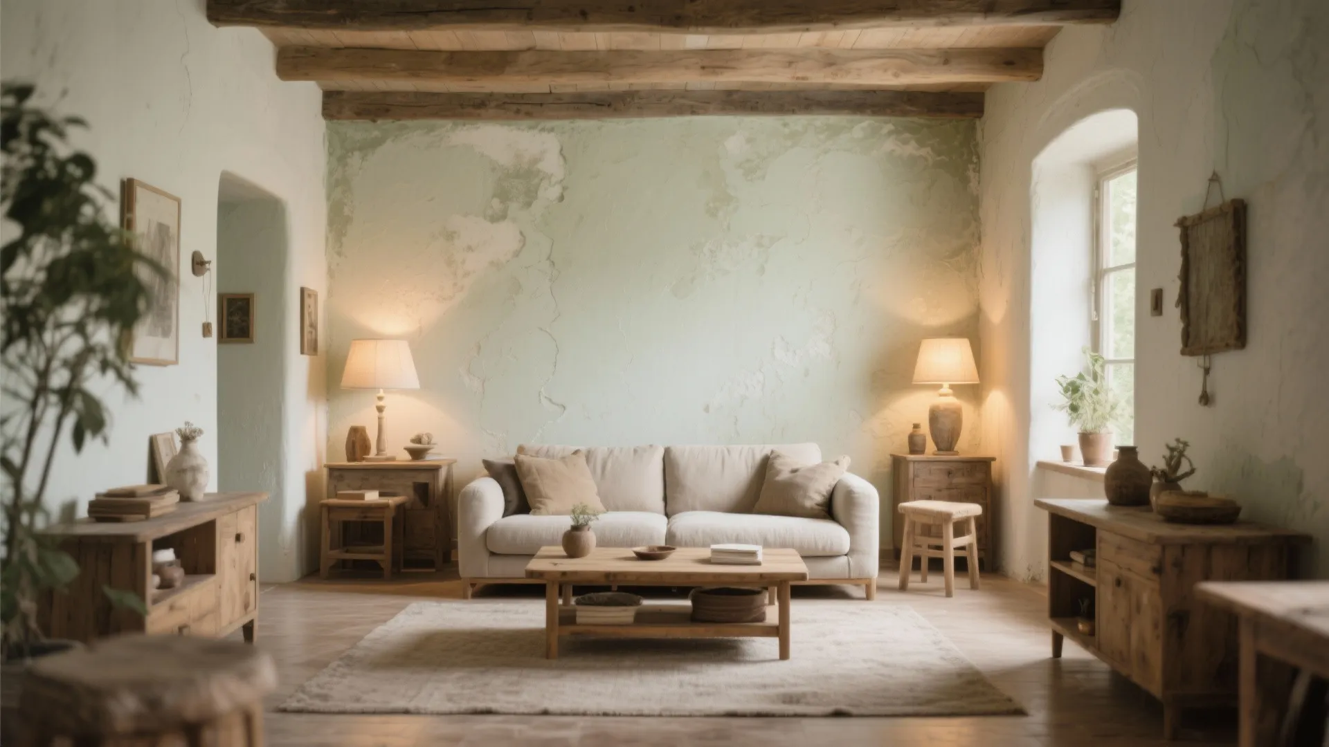 Vintage living room with green lime wash walls white sofa wooden table and two table lamps