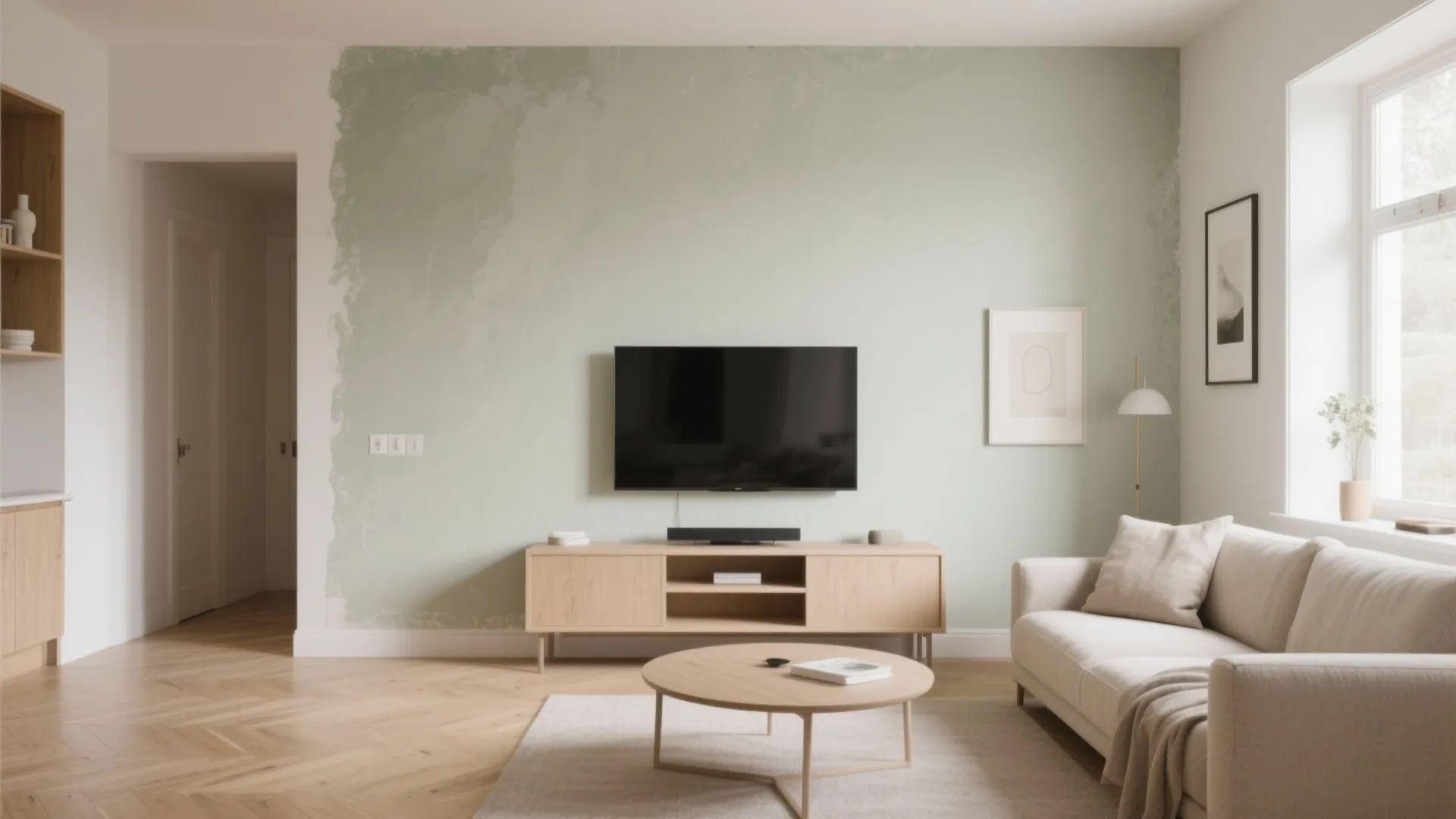 Living room interior featuring light green wall mounted television wooden cabinet and round coffee table setup
