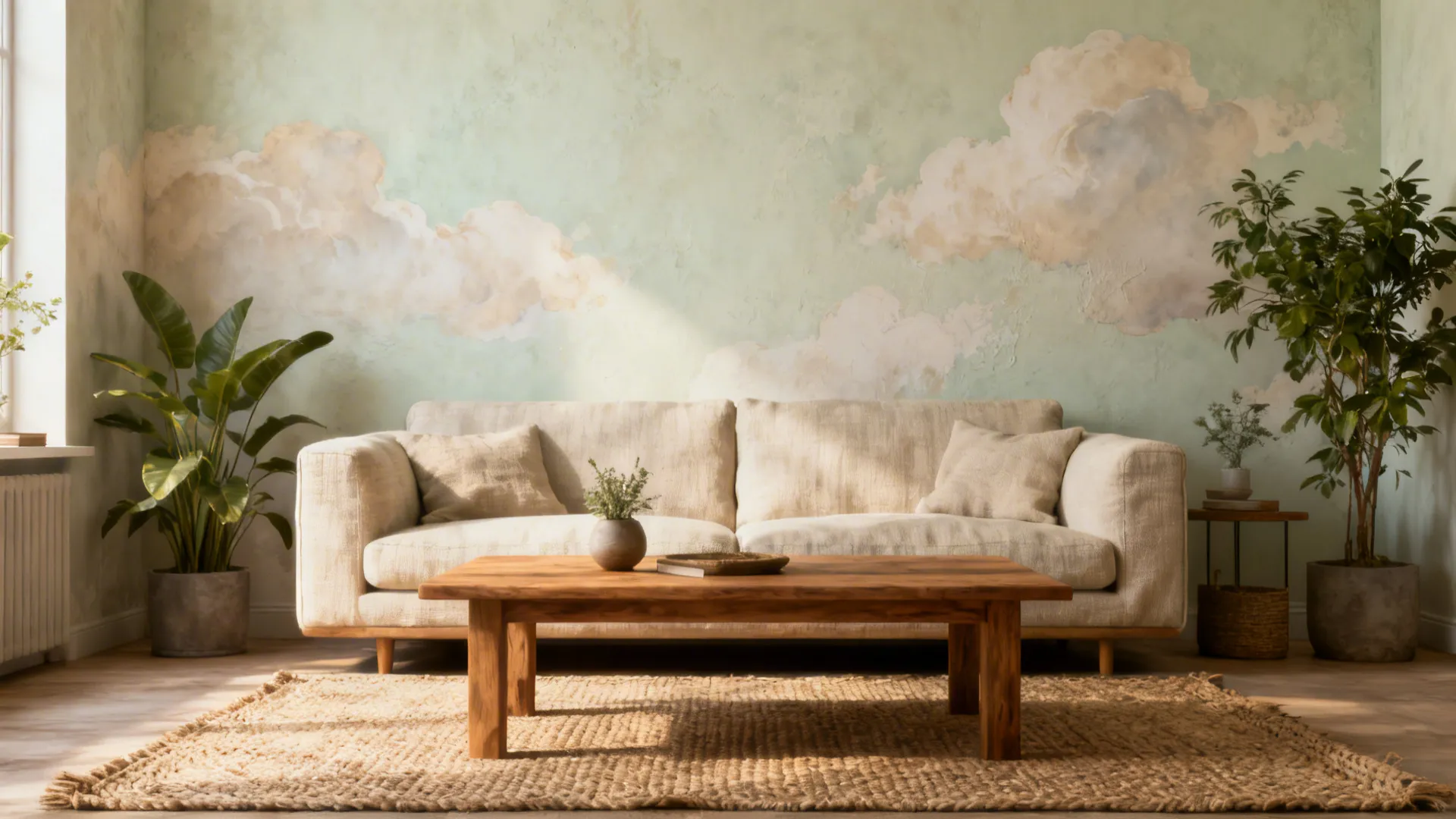 Small living room with a soft limewash feature wall that adds texture and depth to a neutral space.
