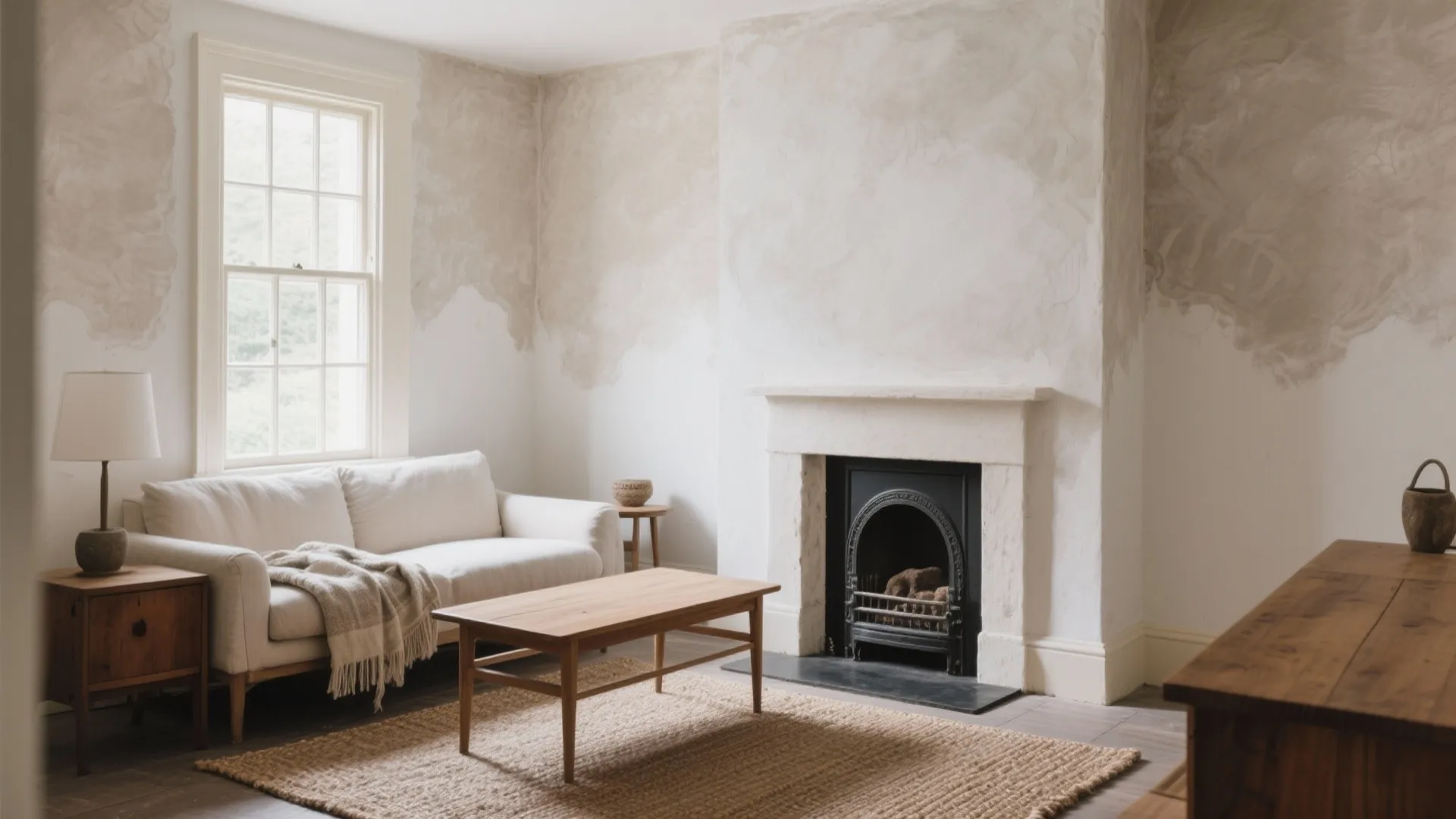 Modern living room with white sofa wooden coffee table jute rug fireplace and textured walls