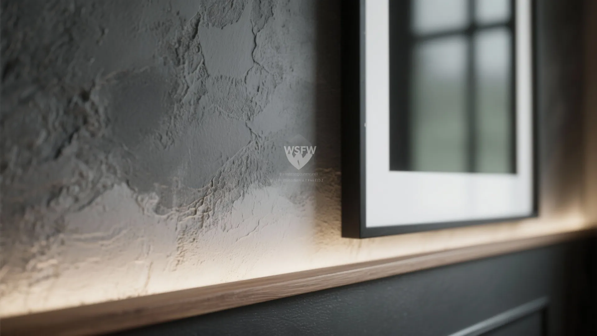 Close up view of textured grey wall with hidden light strip and wooden shelf detail