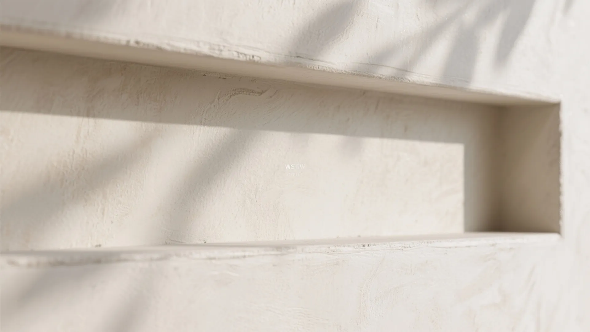 Close-up of white textured wall featuring a recessed shelf with soft shadows from nearby leaves