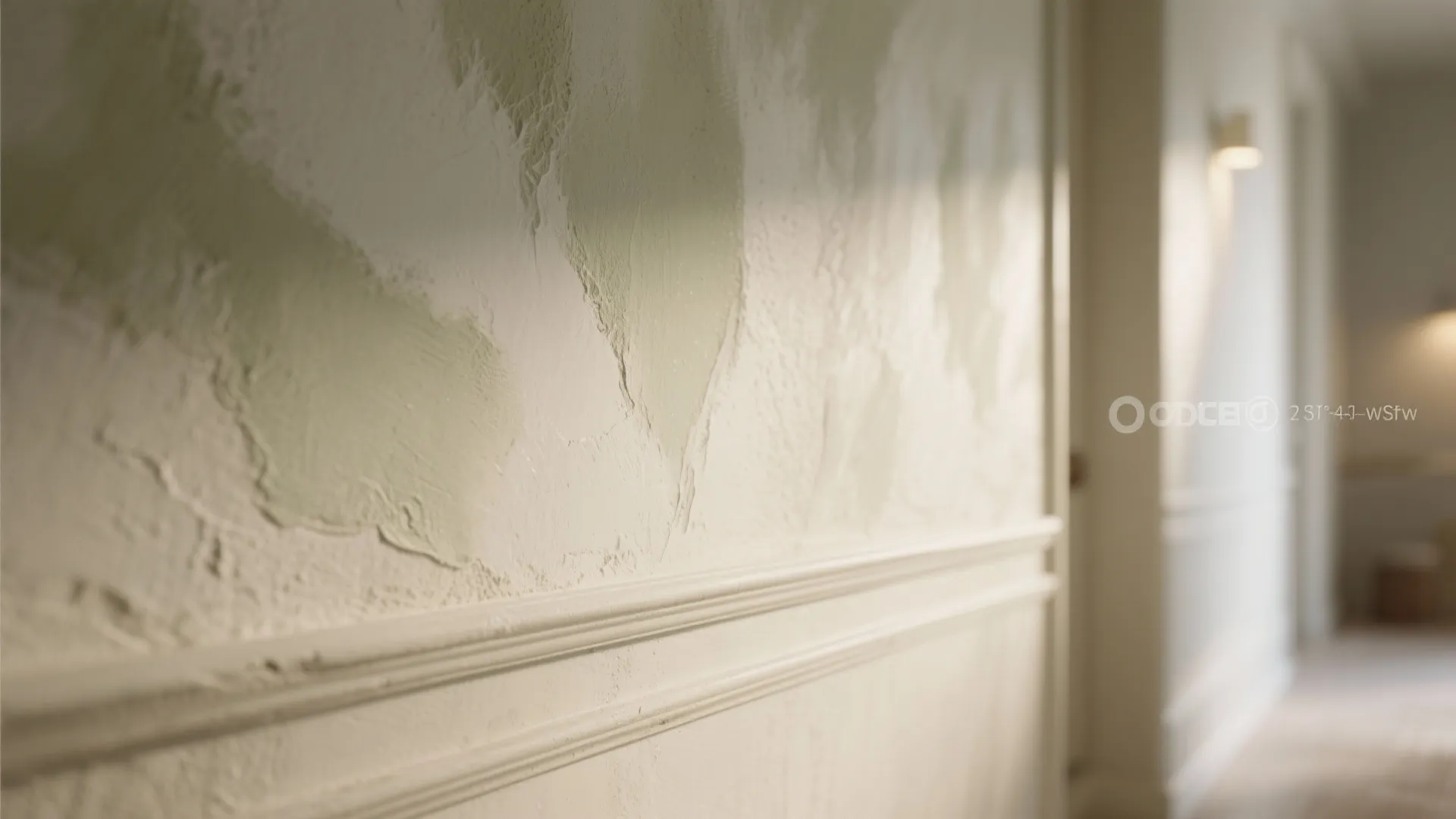 Close up of textured white and green wall paint with decorative wall panel in hallway