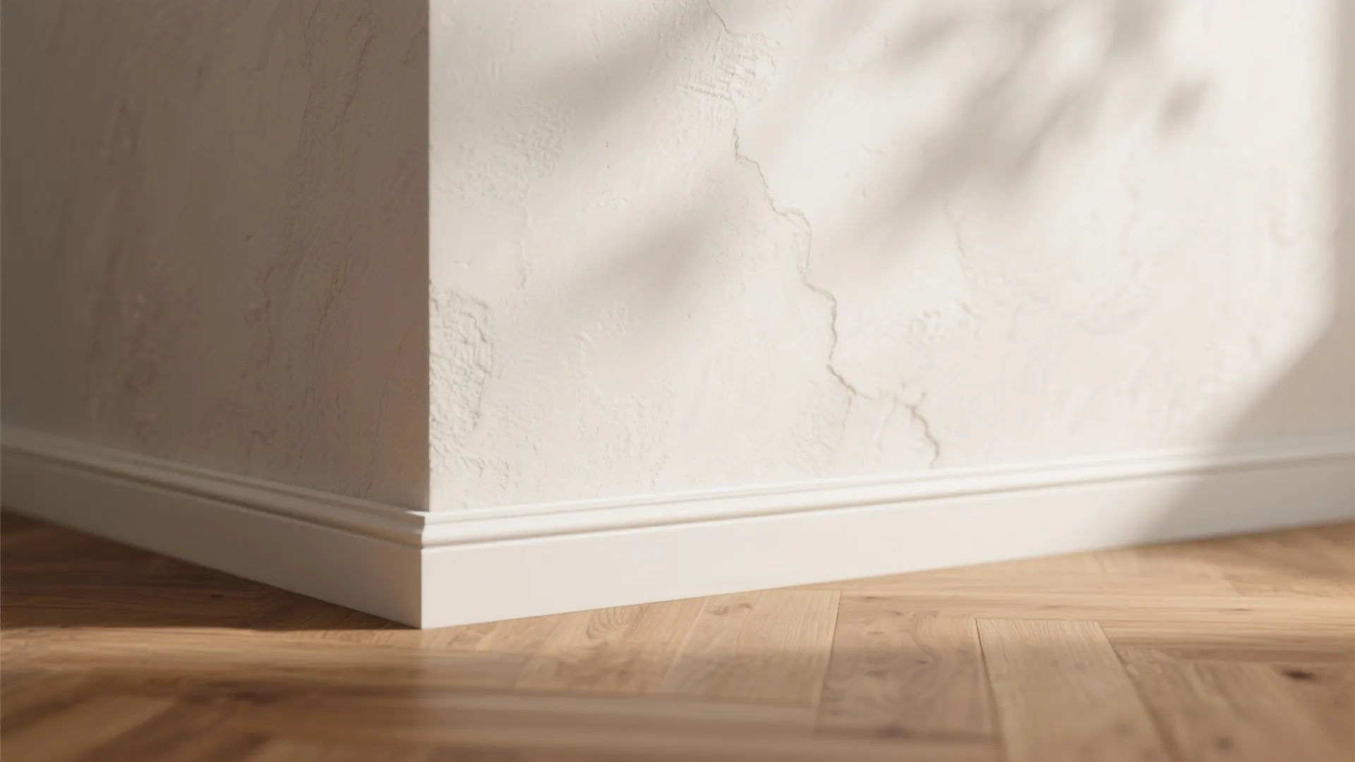 Close up of white wall corner with textured paint white baseboard and light brown wood floor