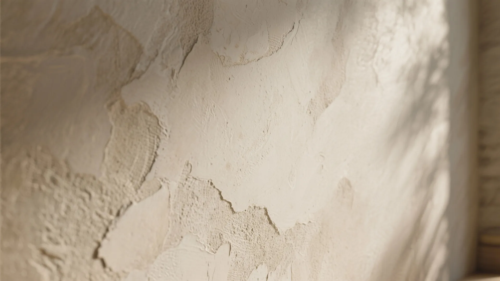 Close up view of textured beige plaster wall with soft shadows and natural sunlight effect