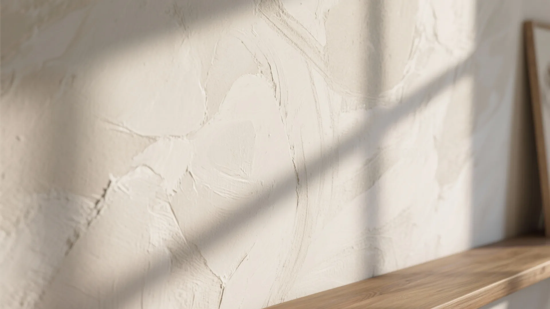 Close up of textured cream wall with sunlight shadows and a simple wooden wall shelf