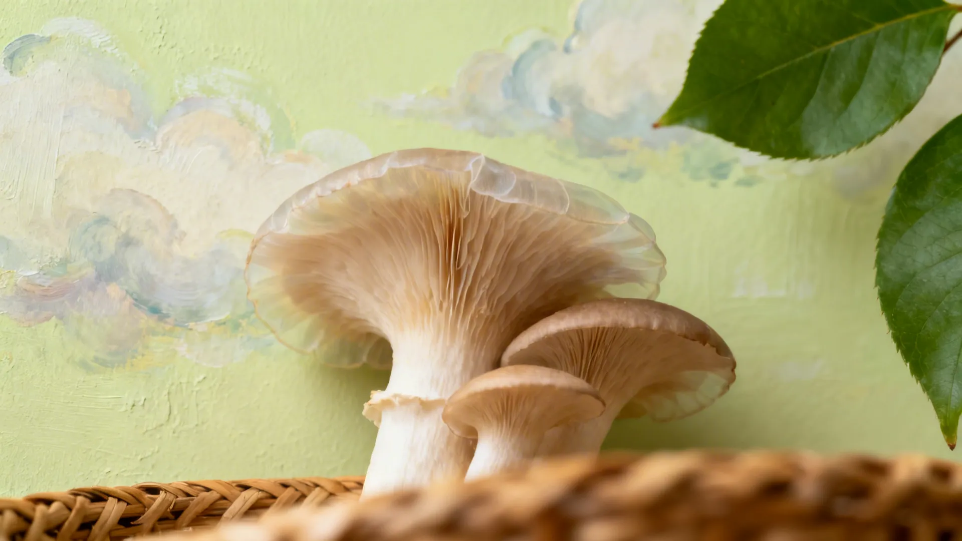 Close up of fresh mushrooms in basket against light green wall with painted cloud patterns