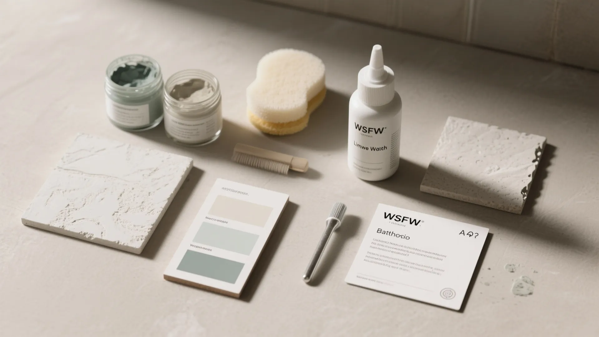 Flatlay of limewash sample boards, pigments, sponge, and matte sealer for bathroom use.