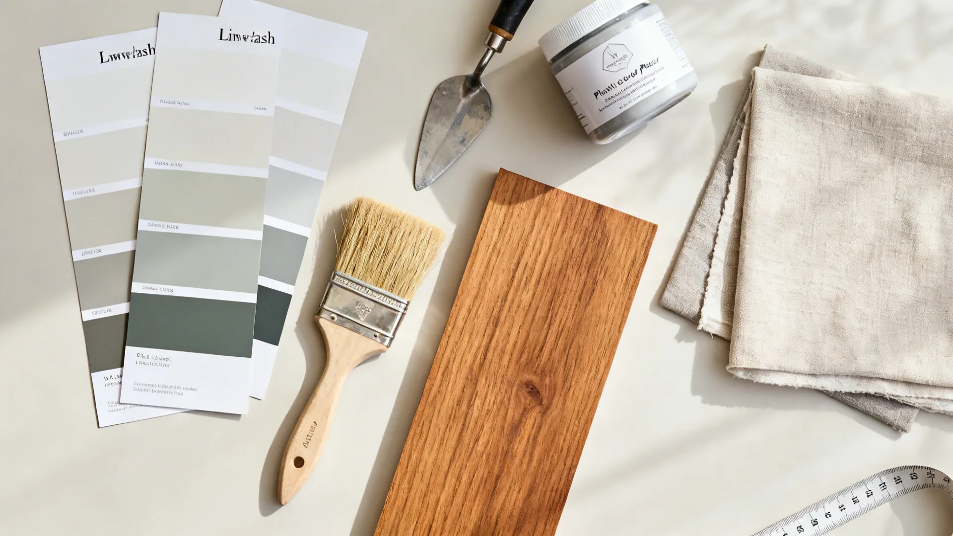 Top-down flatlay of limewash samples, primer, tools, wood veneer and fabric swatches.