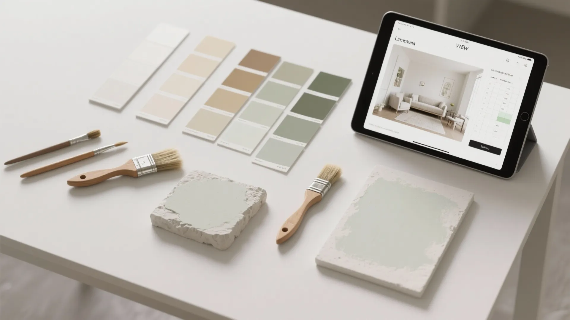 Tablet displaying interior design drawing next to paint color samples paint brushes and stone boards