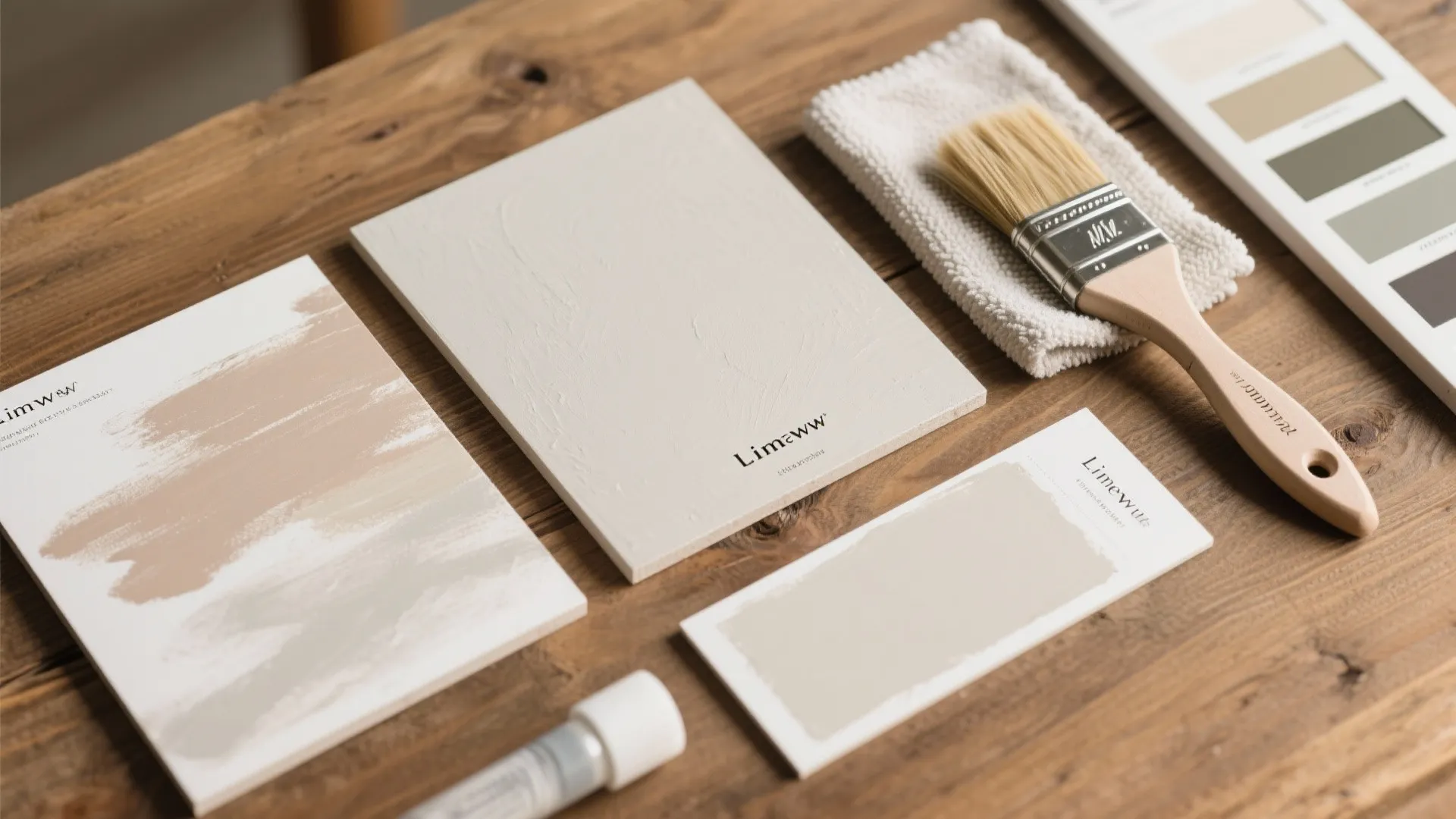 Limewash paint samples and wooden brush placed on a rustic wood table with color palette