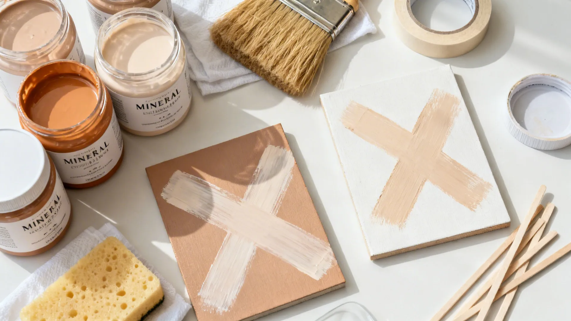 Flat lay of limewash paints, natural brush, sponge, and sample boards with layered strokes.