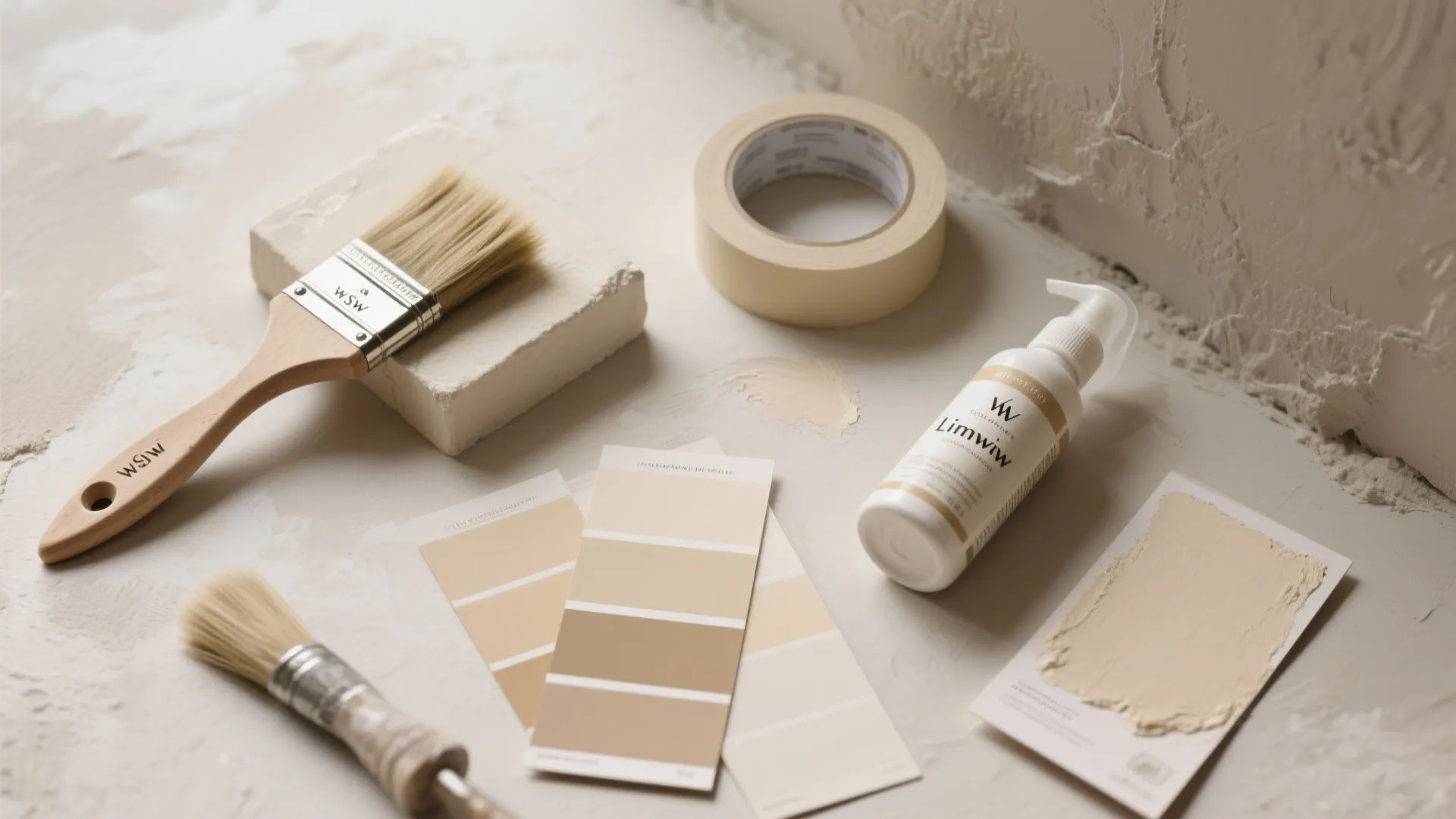 Flat lay showing painting tools with brushes tape color swatches and a small white bottle