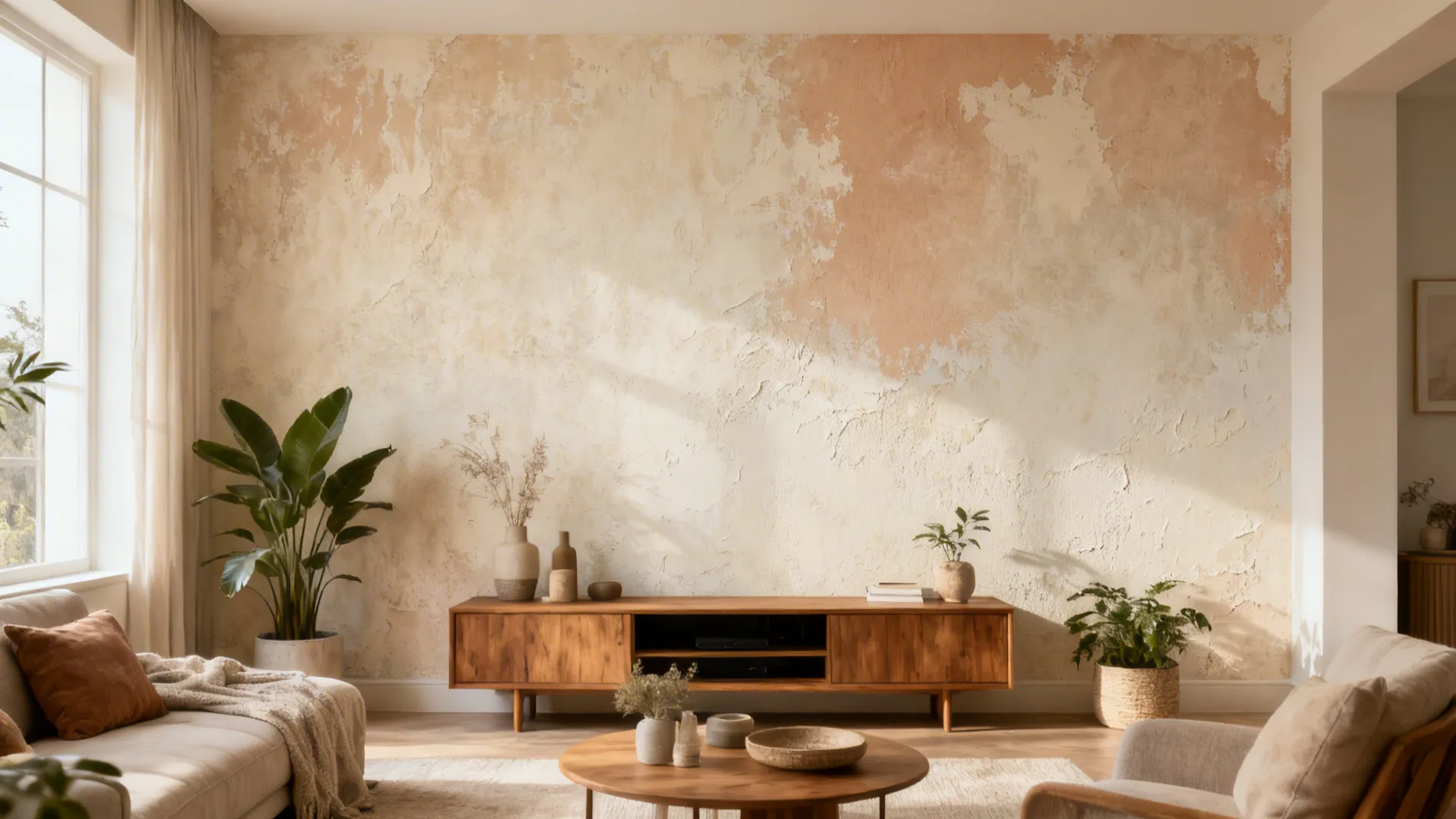 Media wall with peel-and-stick limewash texture-look decal behind a wood console.