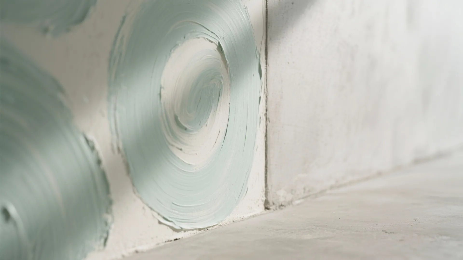 Blue paint circles on white textured wall with soft natural light from the side window