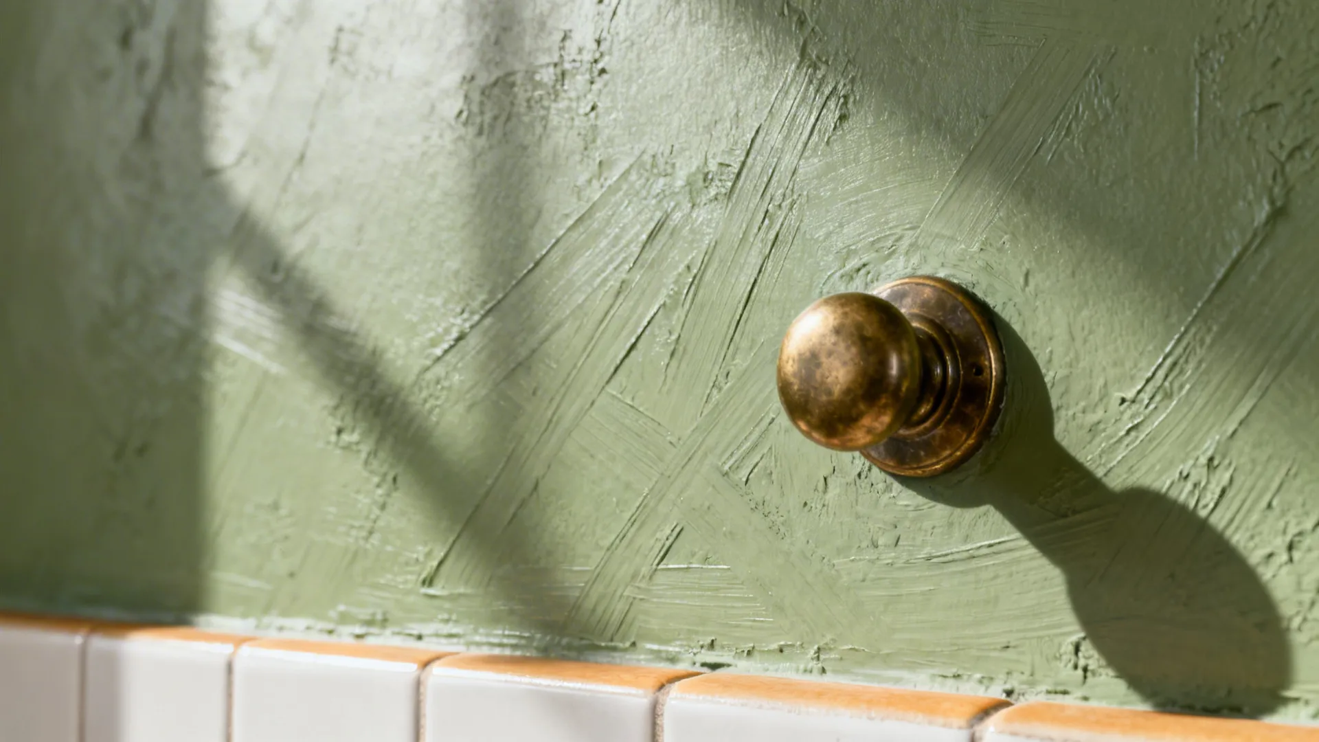 Close up of textured green painted wall with brass handle and sunlight shadows over white tiles