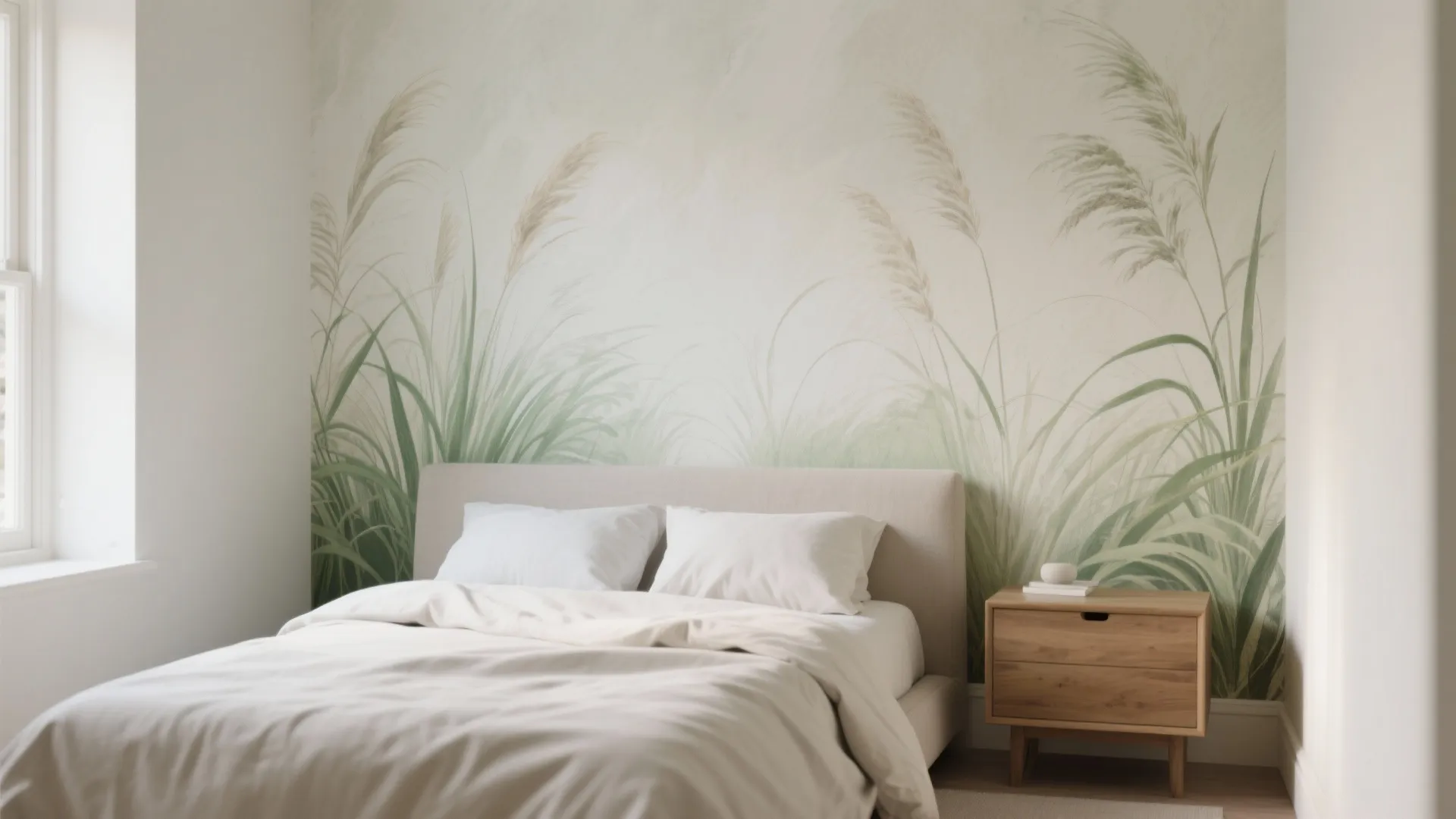 Minimalist bedroom featuring a nature wall mural behind a beige bed and wooden night stand