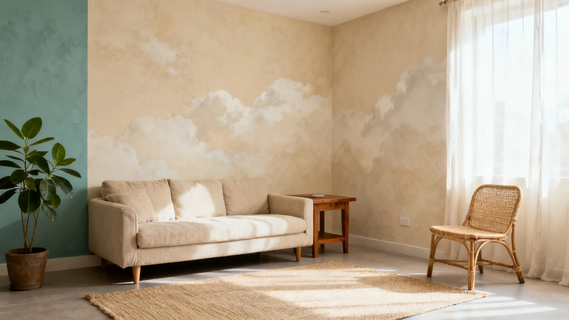 Small Indian living room with warm beige limewash walls and a muted teal accent area.