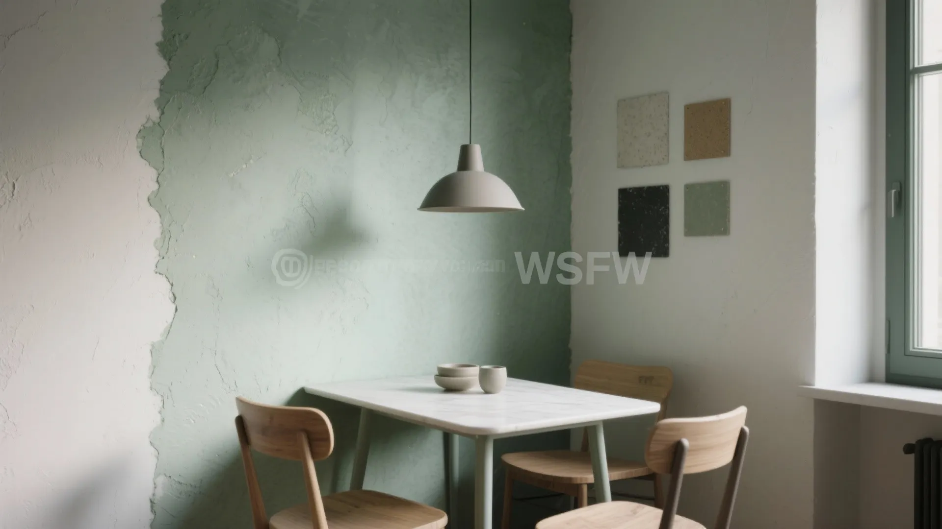 Small dining niche with sage limewash walls and gentle wall washing that highlights handcrafted texture.