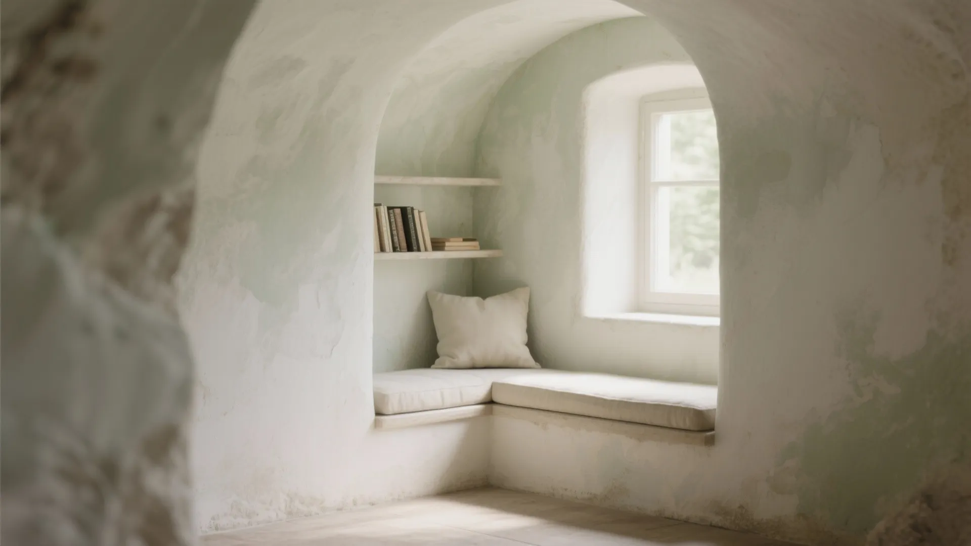 Cozy reading corner with built in bench seat window bookshelf and light green textured walls