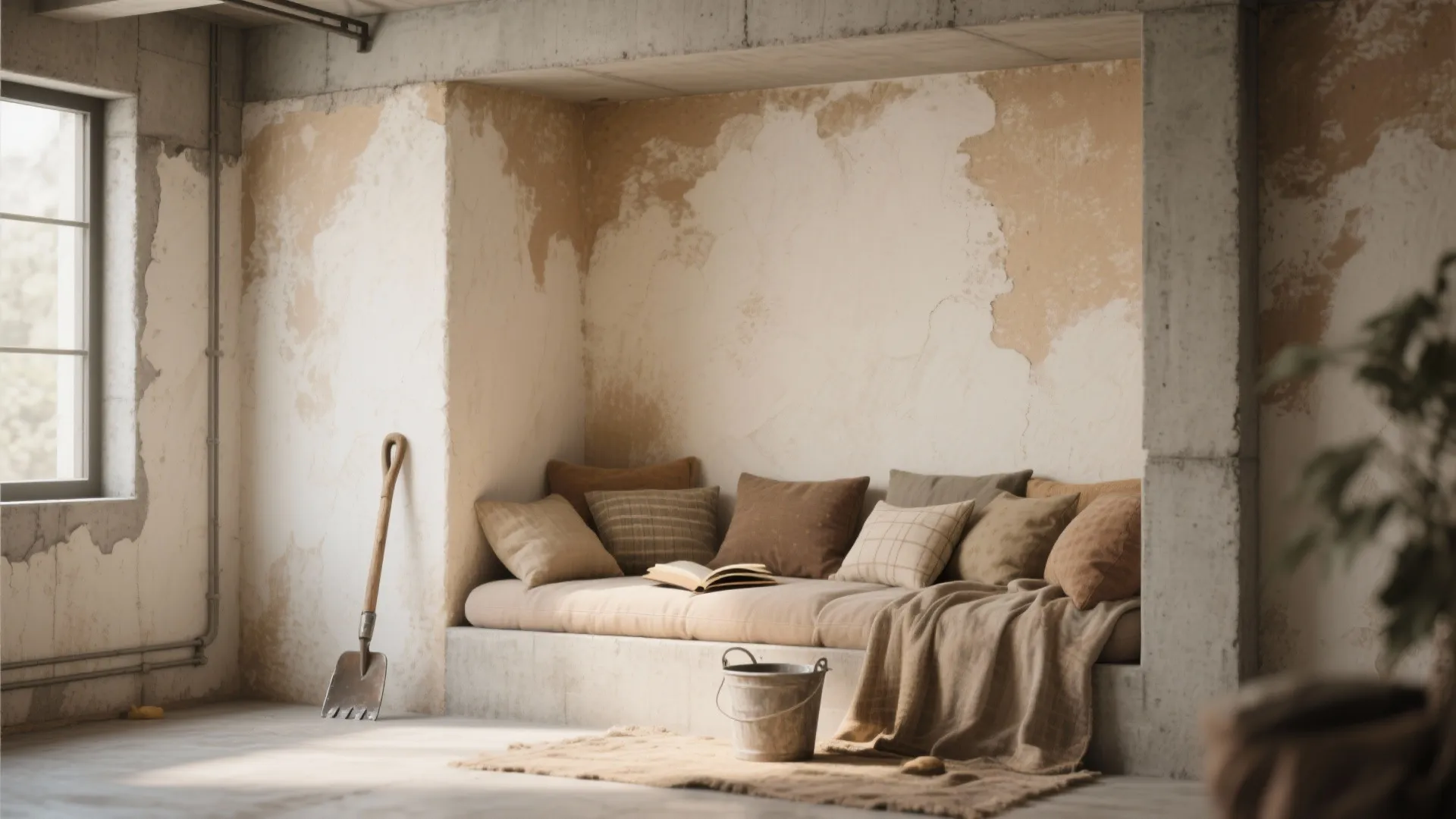 Room nook with soft cushions on bench near a shovel and a metal water bucket