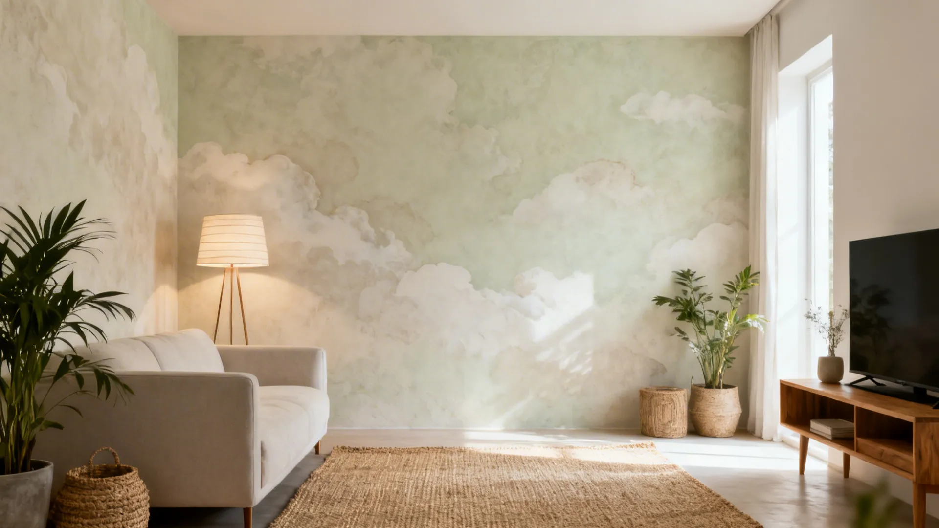 Living room with cloud pattern wall paint white sofa floor lamp rug and wood cabinet
