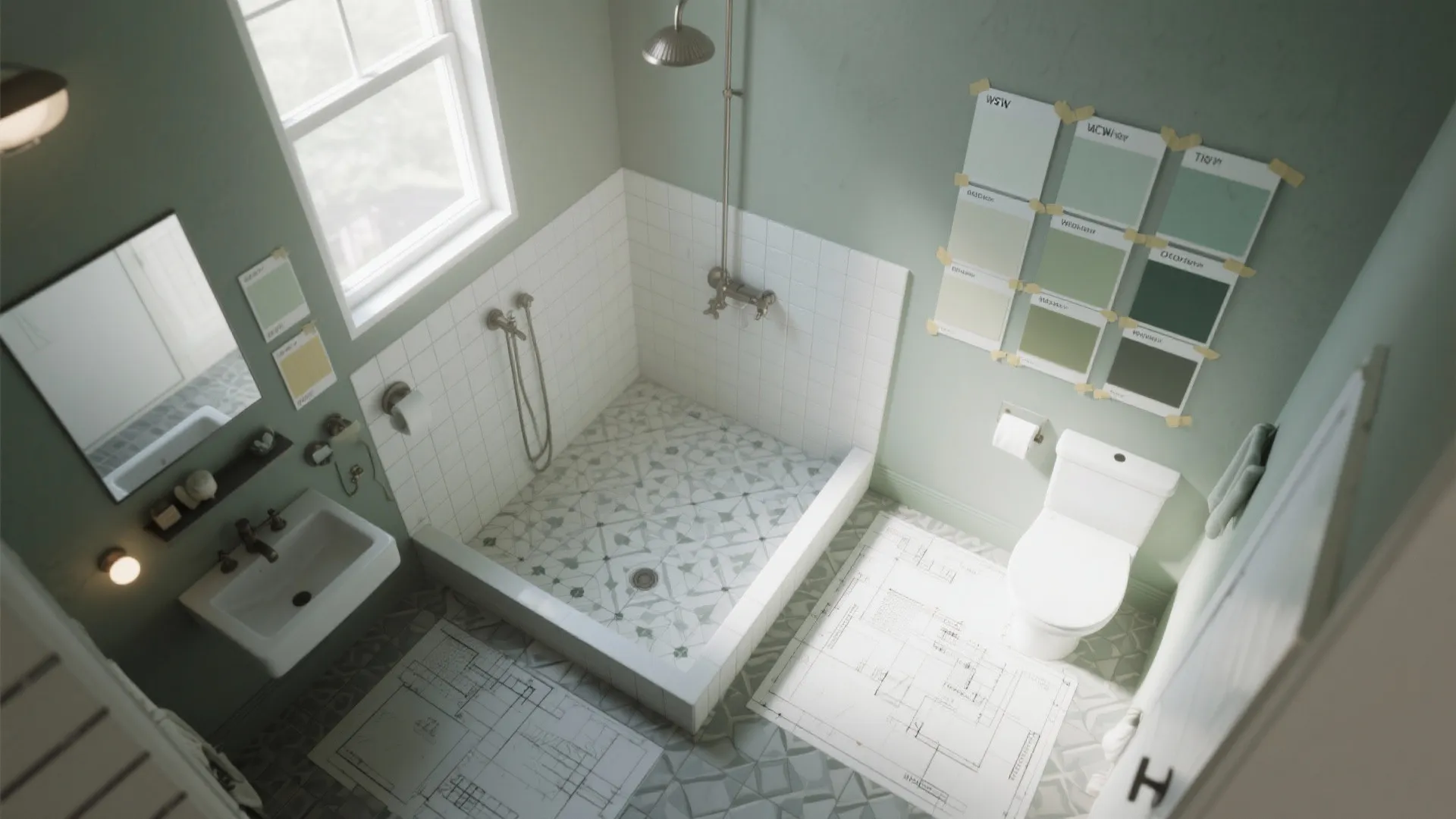 Top-down view of a bathroom planner layout with limewash swatches and tile samples.