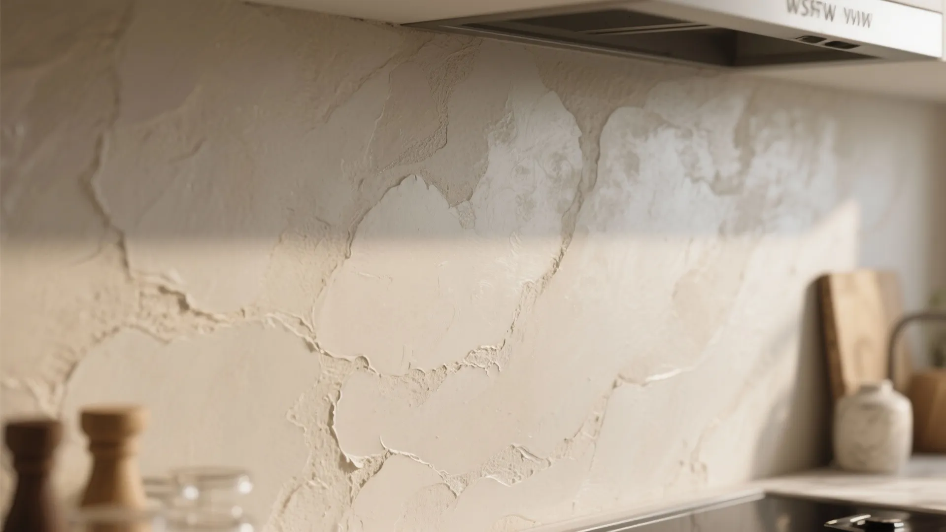 Close up of beige textured plaster wall finish in a kitchen with warm natural sunlight