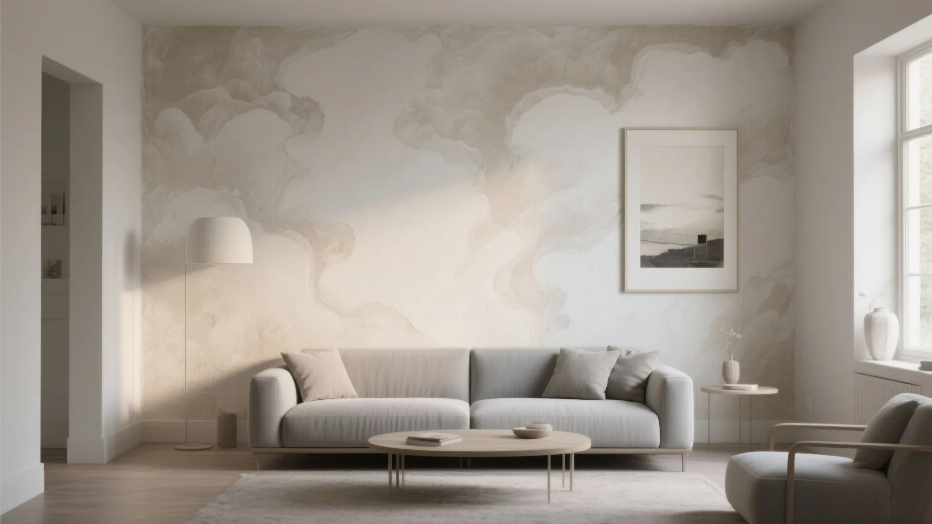 Modern living room featuring a grey sofa wooden coffee table textured wall art and natural light