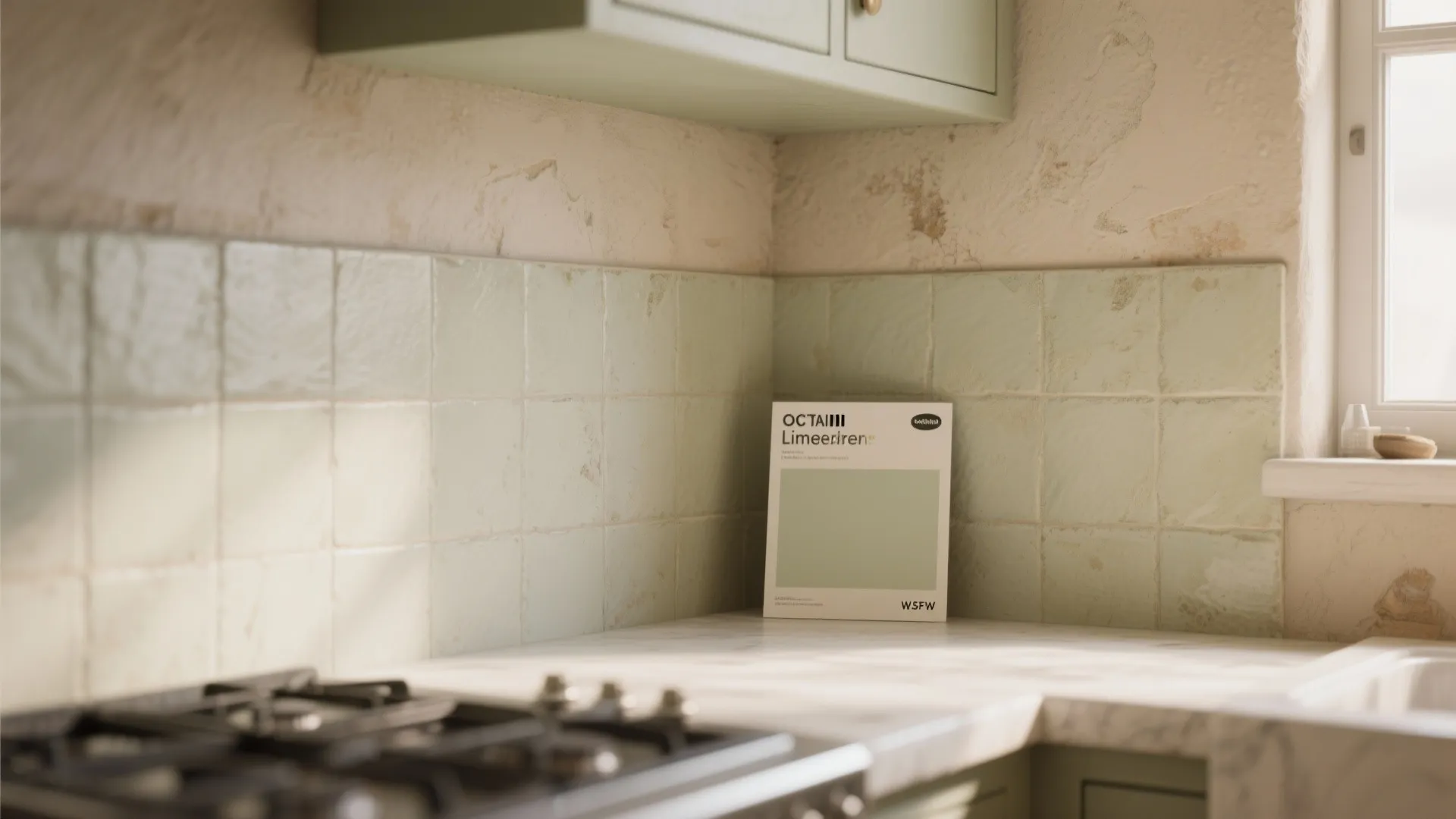 Limewashed plaster backsplash with subtle texture and warm muted tones in a small kitchen.