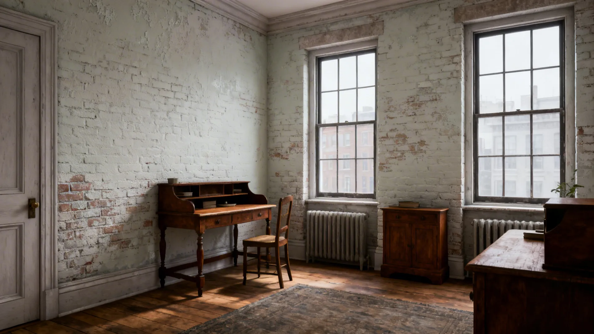 Old room with white brick walls wooden floor vintage wooden desk chair and large windows